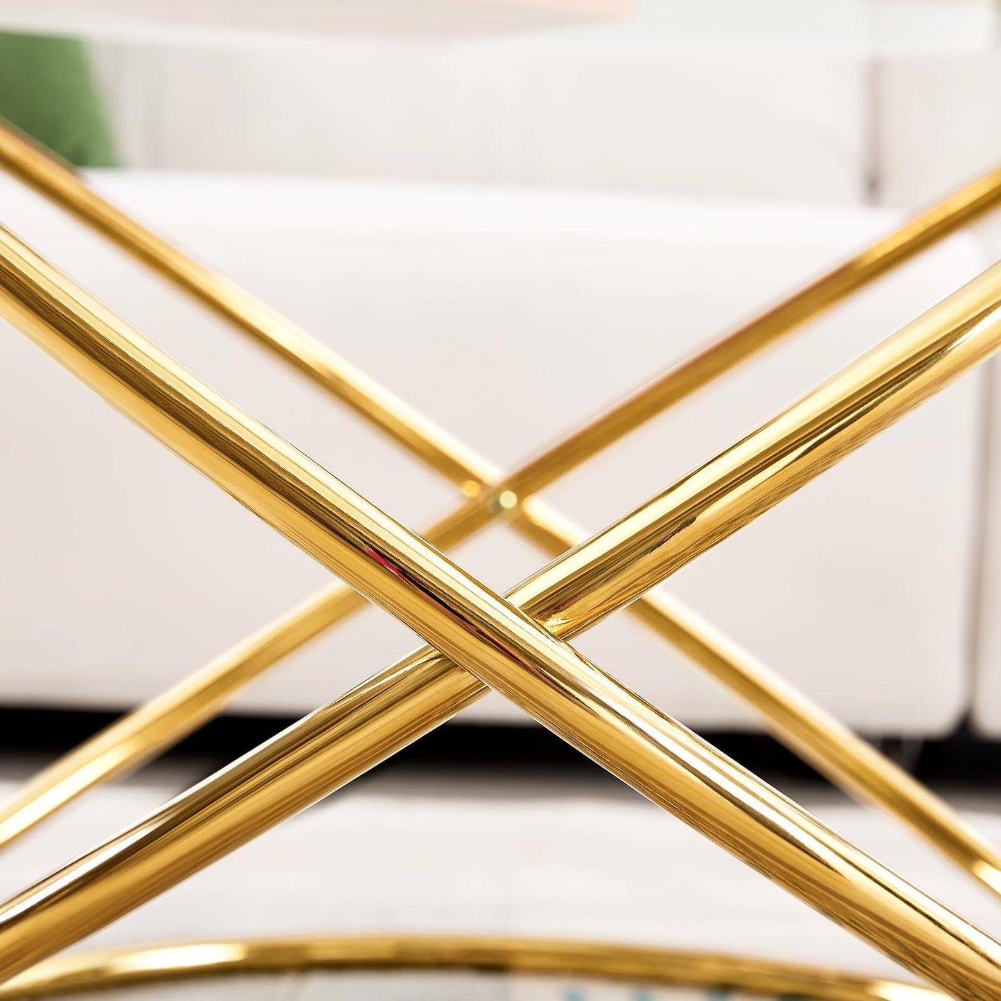 BECHAEO 31.5'' Round Glass Coffee Table with Gold-Plating Bright Metal Oval Frame, Modern Circle Gold Coffee Table for Living Room