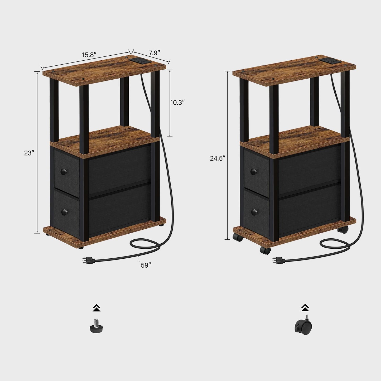 TUTOTAK Small Narrow End Tables, Side Tables with 2 Fabric Drawers, Set of 2, Bedside Tables with Charging Station for Small Spaces, Slim Nightstands with USB Ports and Wheels, TB01BB053