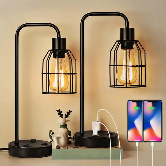 BTY Bedside Lamps Set of 2 Industrial Table Lamp with Dual USB Charging Ports and 2 Prong AC Outlet Farmhouse Nightstand Desk Lamps Edison Lamp with Metal Wire Cage for Bedroom Living Room