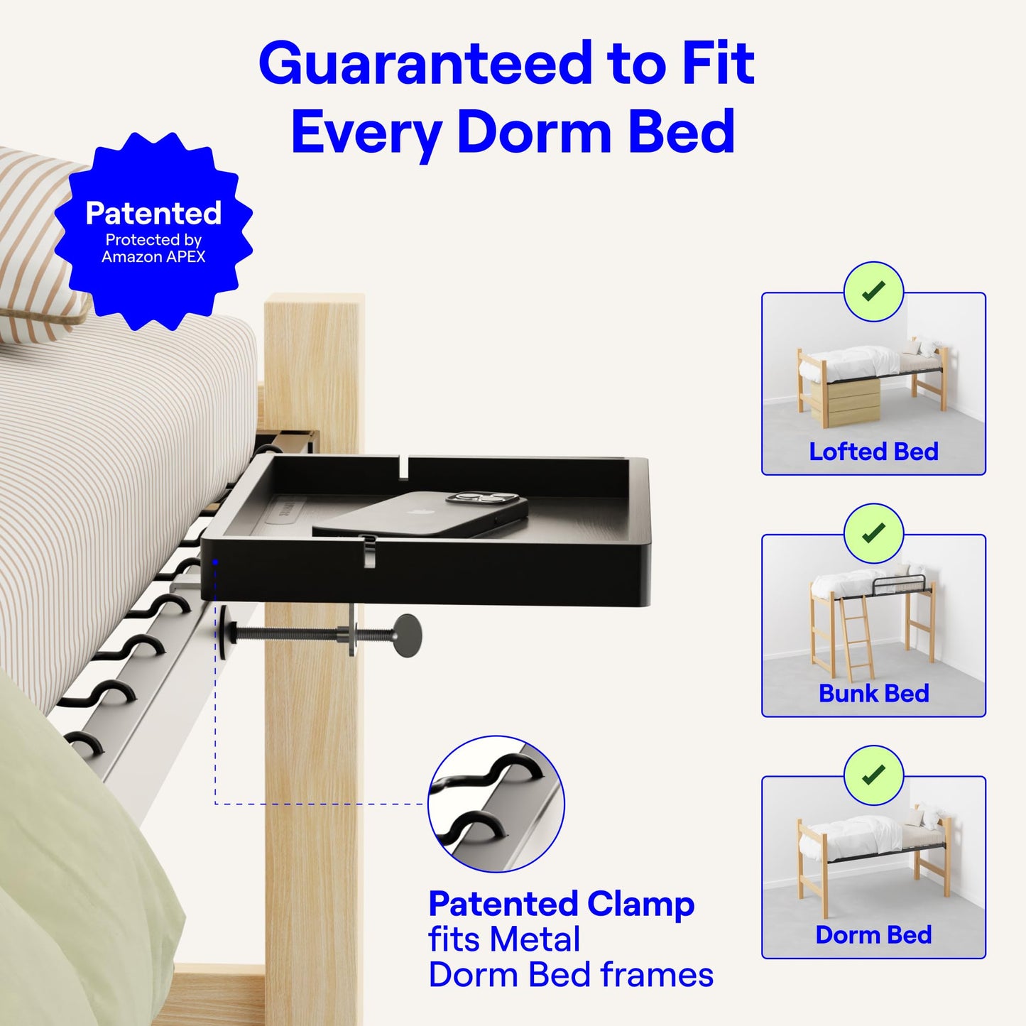 Smallish BedShelfie Bedside Shelf for Bunk Bed & Top Bunk, College Dorm Room Essentials, Loft Nightstand, Floating Bed Side Table Tray Storage, Dorm Room Decor (Flexfit Model, Black)