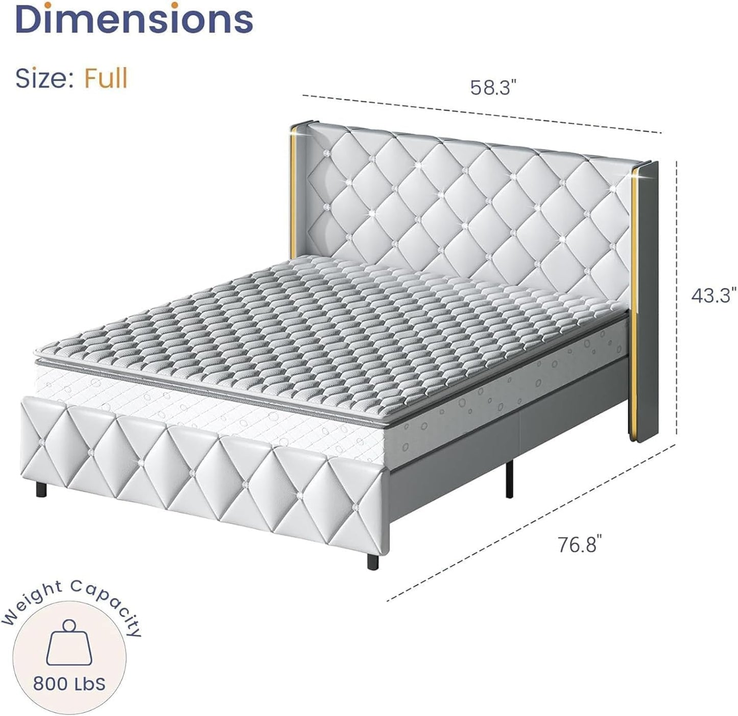 Full Upholstered Bed Frame with Headboard, Faux Leather Platform Bed with Wingback Design, Modern Diamond Bed Frame with Tufted Deep Button, No Box Spring Needed, Easy Assembly, White