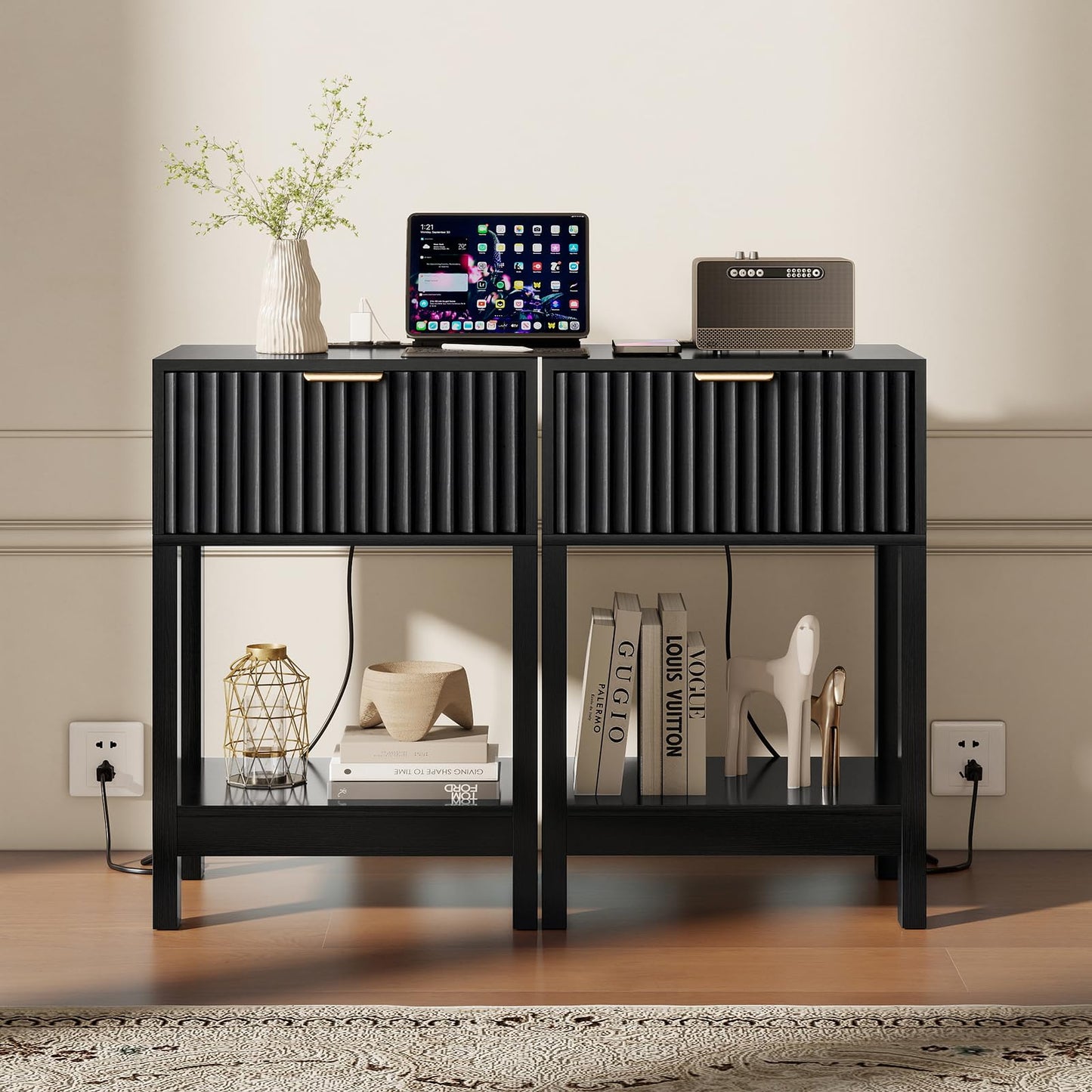 Nasonet Night Stand Set 2, Fluted Nightstand with Charging Station, Wood Bedside Table with Drawer & Storage Shelf, Modern End Tables for Bedroom Sofa Couch Office, Black