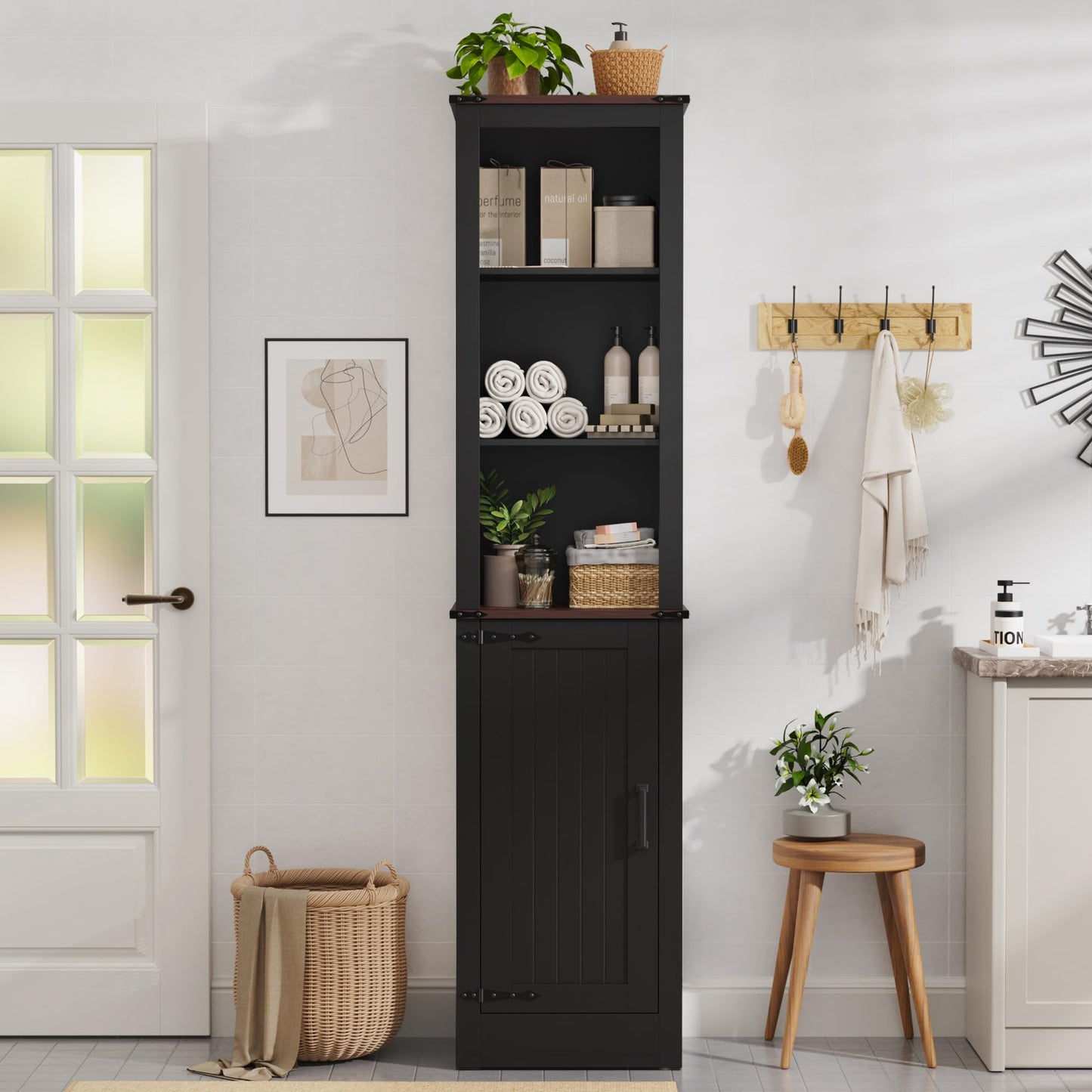 MHOM 71" Tall Bathroom Cabinet. Farmhouse Storage Cabinet with Adjustable Shelves, Narrow Linen Cabinet for Bathroom, Laundry, and, Living Room, Black