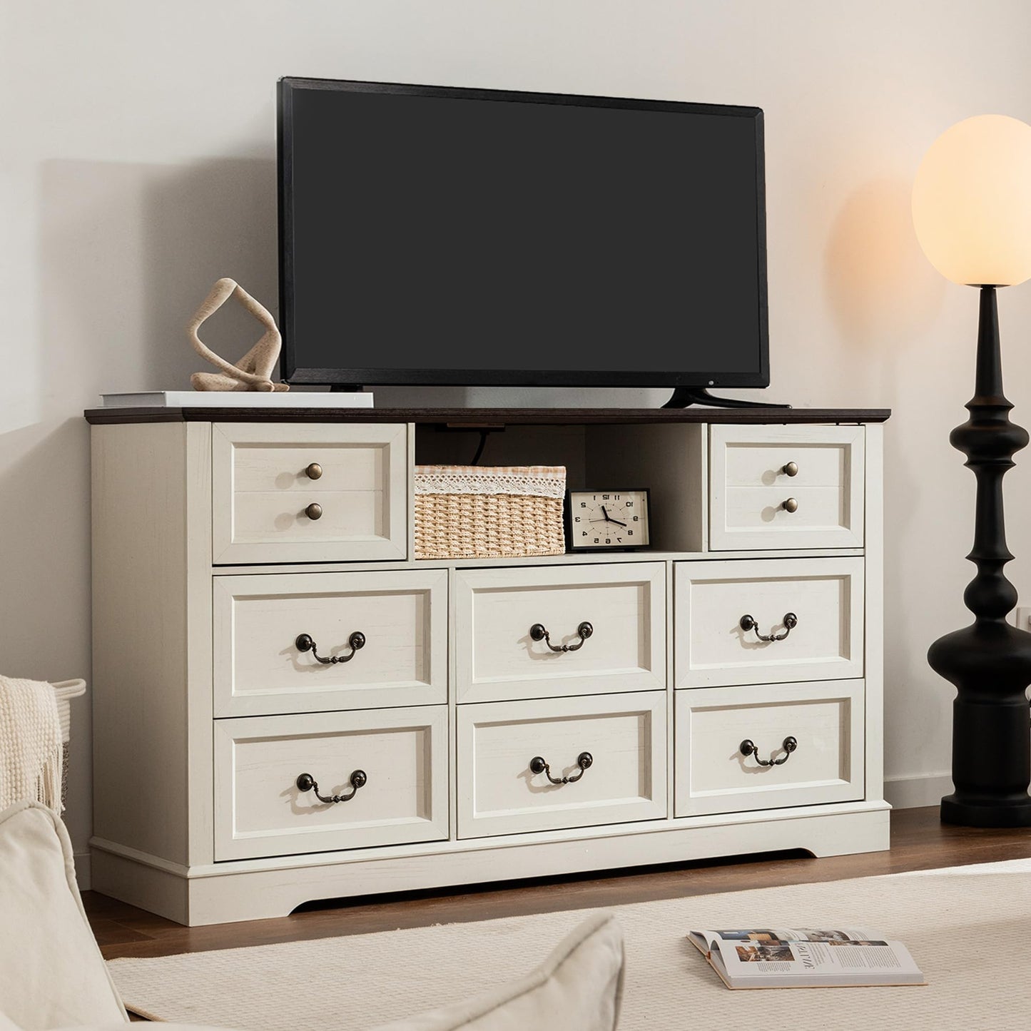 Homkdom White Dresser for Bedroom with Charging Station & Led Lights,55.02" TV Stand with 8 Drawers,Dressers & Chests of Drawers with Open Shelves,Hallway,Closet 55.02" W x 34.53" H x 15.77" D White