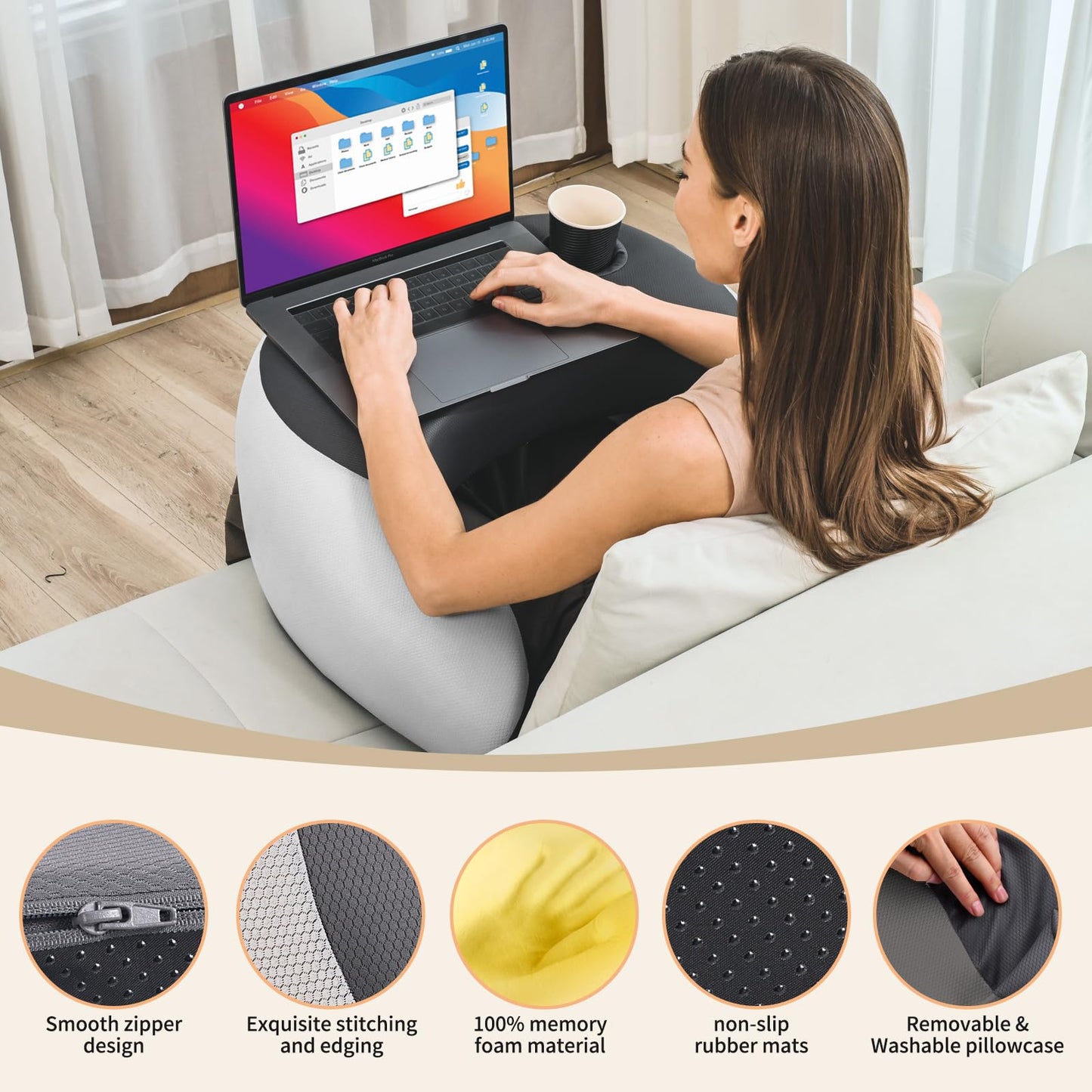 Olumoon Reading Pillow, Lap Desk Pillow for Adult, Memory Foam Gaming Pillow for Arm Support, Arm Rest for Working, Crocheting, Playing Game or Siting in Bed, Floor, Sofa (Grey)