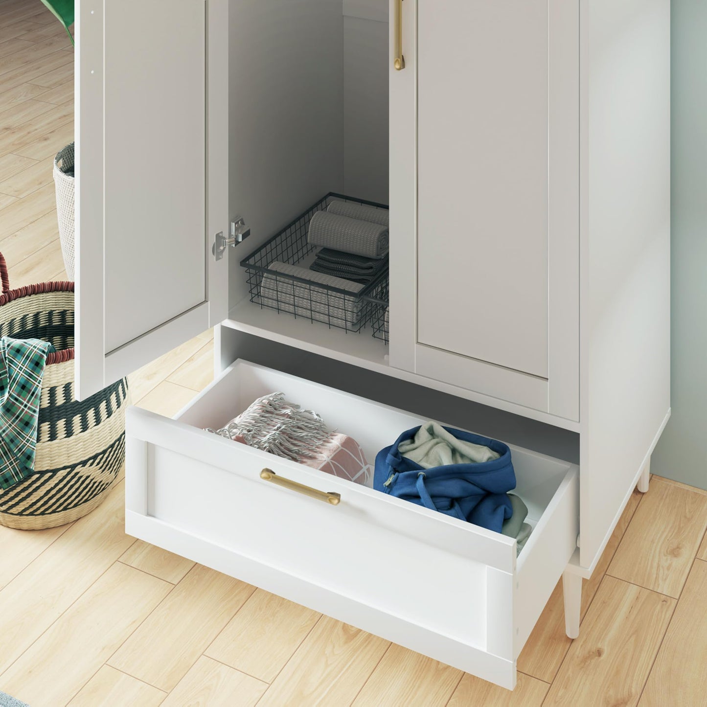 ALBSL Bedroom Armoire Wardrobe Closet with Hanging Rod,60" 2 Door Almirah for Clothes with Drawers,Morden Storage Cabinet,White
