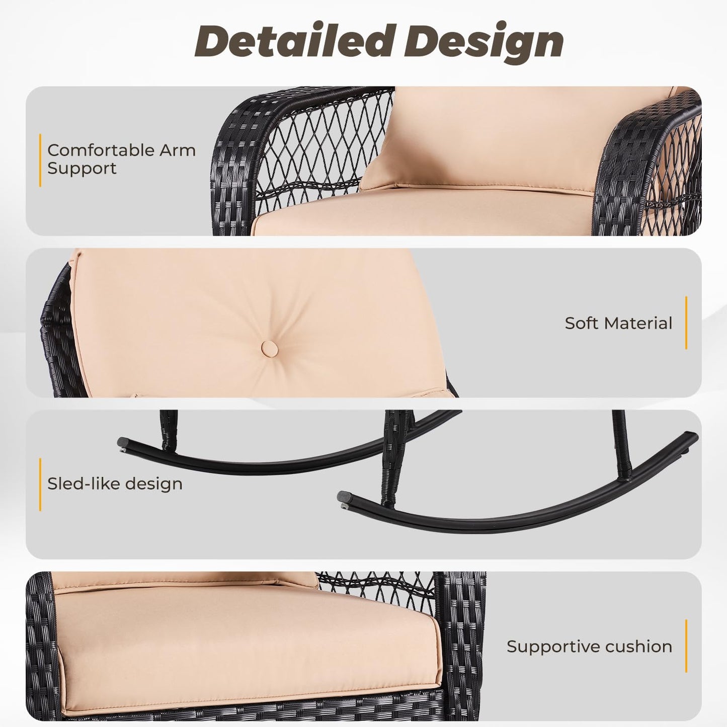 Outdoor Wicker Rocking Chair, PE Rattan Rocker with Seat Back Cushions & Waist Pillow, All- Weather Wicker Furniture for Porch, Backyard, Poolside, Deck (Wicker Chair(1 PC Khaki))