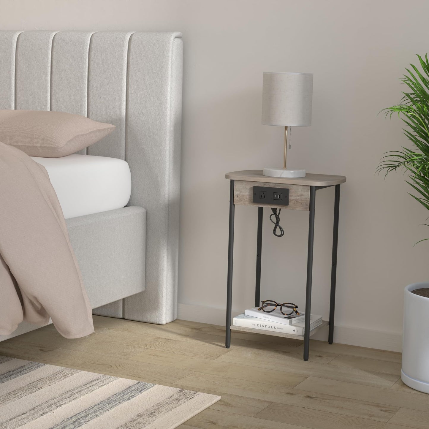 Hzuaneri End Tables with Charging Station, Narrow Side Tables Living Room, Nightstands Set of 2, Storage Bed Side Tables with USB Port & Outlet, Greige and Black ET14205B