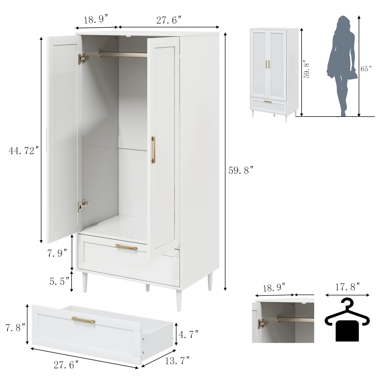 ALBSL Bedroom Armoire Wardrobe Closet with Hanging Rod,60" 2 Door Almirah for Clothes with Drawers,Morden Storage Cabinet,White