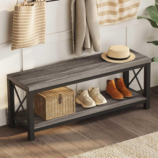 BON AUGURE Shoe Bench, Industrial Shoe Rack Bench for Entryway, Modern Shoes Storage Benches for Front Door, Foyer, Entrance, Mudroom, Bedroom (Dark Gray Oak)
