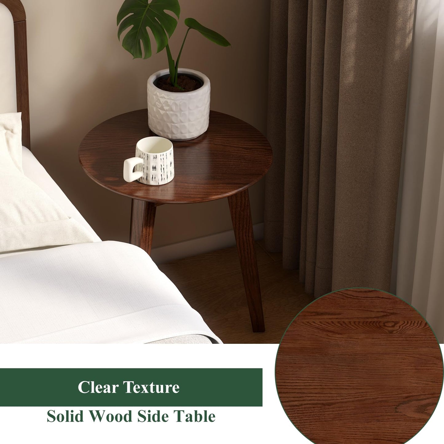 Vadisun 100% Solid Oak Round Side Table, Small Bedside Table for Small Spaces, Living Room End Table with Stable Frame, Modern Nightstand for Bedroom Couch, (Walnut, 17.71" D x 19.68" H)