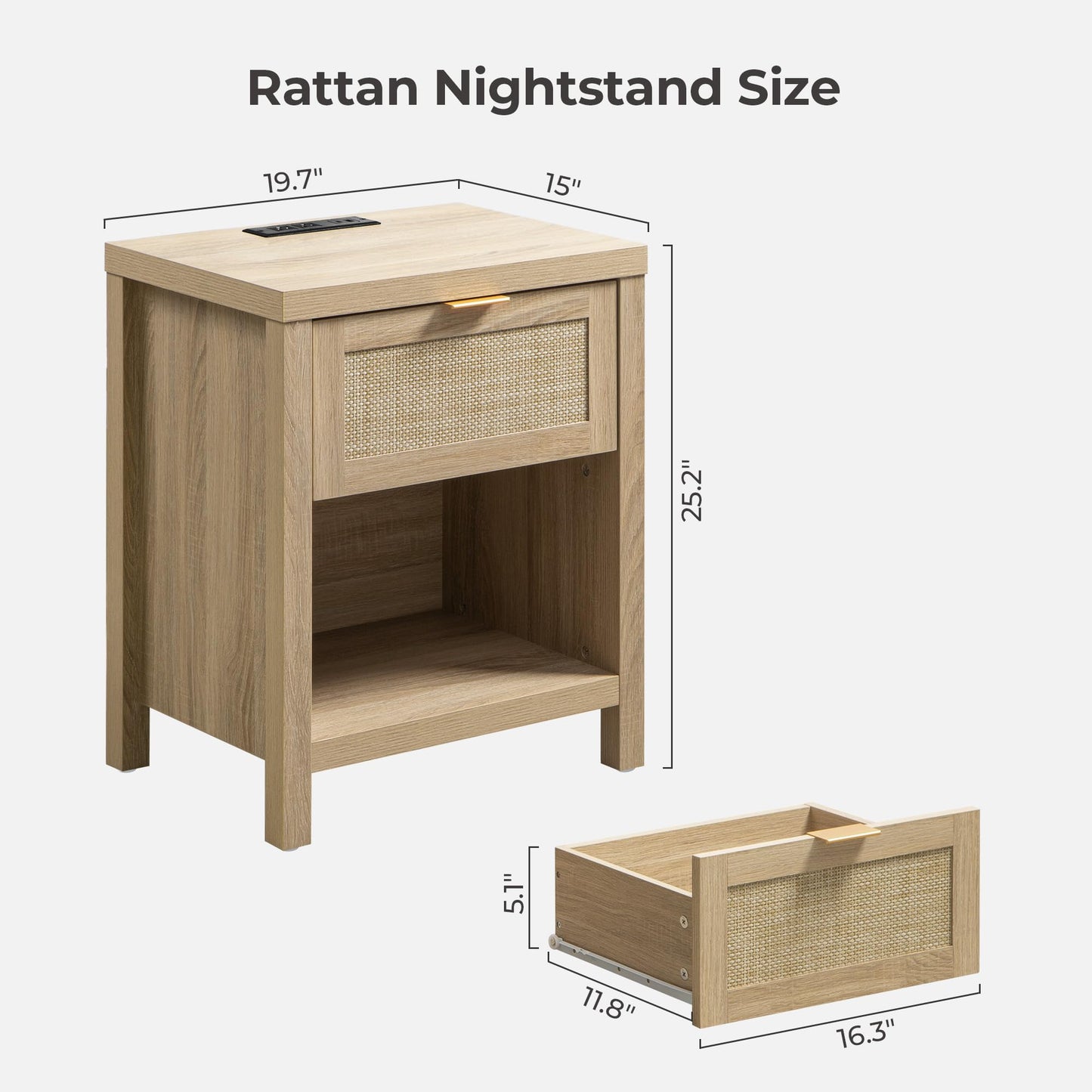 SICOTAS Night Stand Set of 2 with Charger Station Rattan Nightstands with Drawer Farmhouse Bedside Table with USB and Type-C Ports Boho End Side Table for Bedroom Small Space, Light Oak