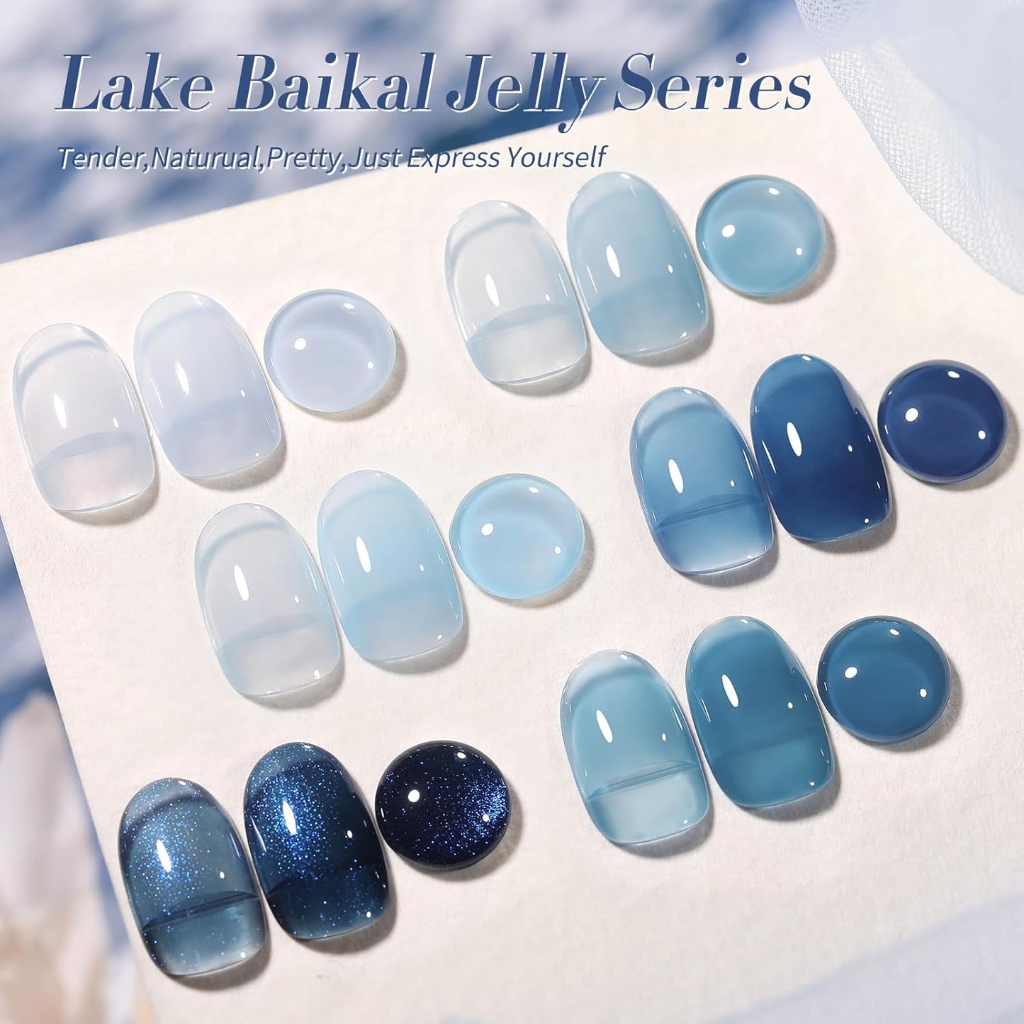 BORN PRETTY Jelly Blue Gel Nail Polish Set 6 Colors Translucent Light Blue Baby Blue Royal Blue Reflective Glitter Blue Nail Gel Kit Soak Off Nail Art Manicure Design Home Salon Holiday Gift