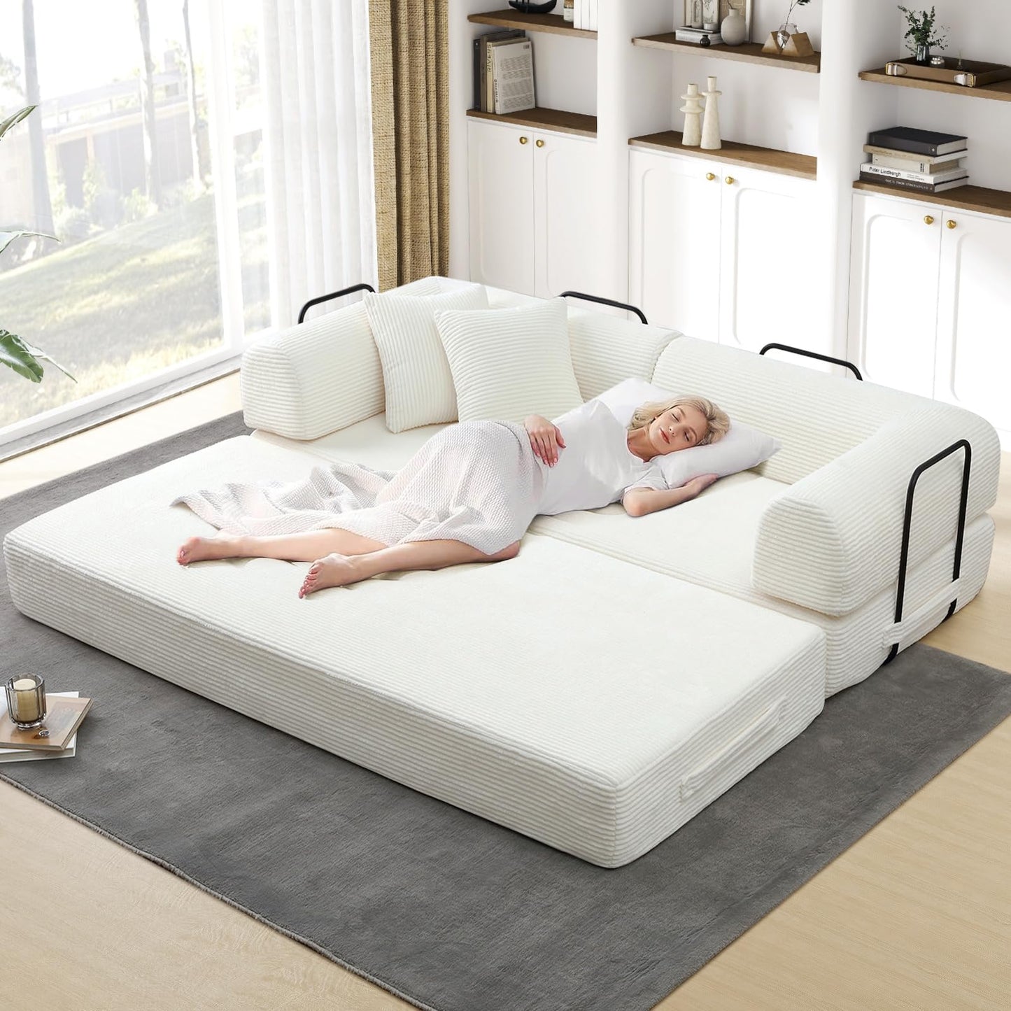 JEEOHEY Convertible Folding Sofa Bed, Corduroy Sleeper Mattress Couch with Fixed-Shape Frame, Free Combination Loveseat Lounge Floor Sofa, Queen Size Memory Foam Couch for Living Room, Bedroom, White