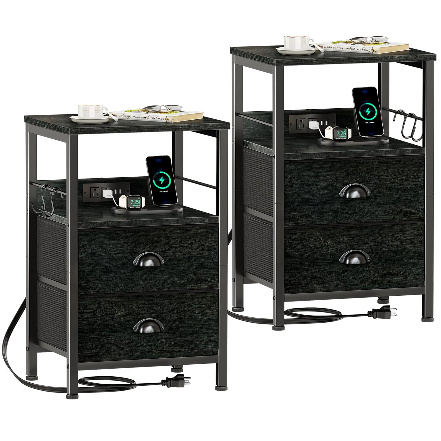Furologee Nightstand Set of 2, Black Oak, with Charging Station and USB Ports, Side Tables with 2 Fabric Drawers, Bedside Tables with Storage Shelf & Hooks, for Living Room/Bedroom