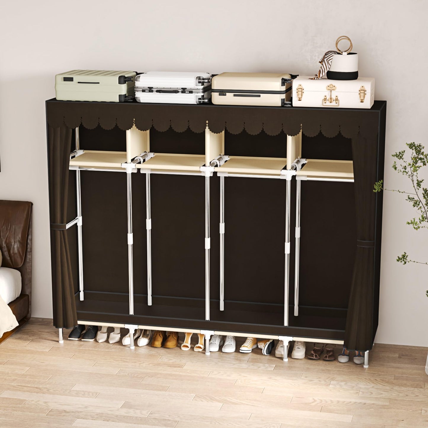 LEAIJIAFY Large Portable Armoire Wardrobe Closet with 4 Hanging Rods and Lockers,Metal Storage Wardrobe Clothes Rack with Dust Cover for Clothes,16.7 in Wide,Bedroom,Brown