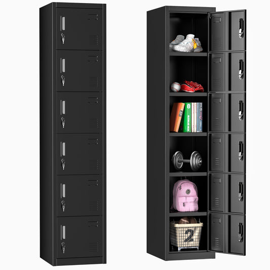 Bonusall Employees Lockers,Metal Office Storage Locker with 6 Door, Tall Steel Lockers with Keys and Lock for School, Gym, Home, Garage,Black