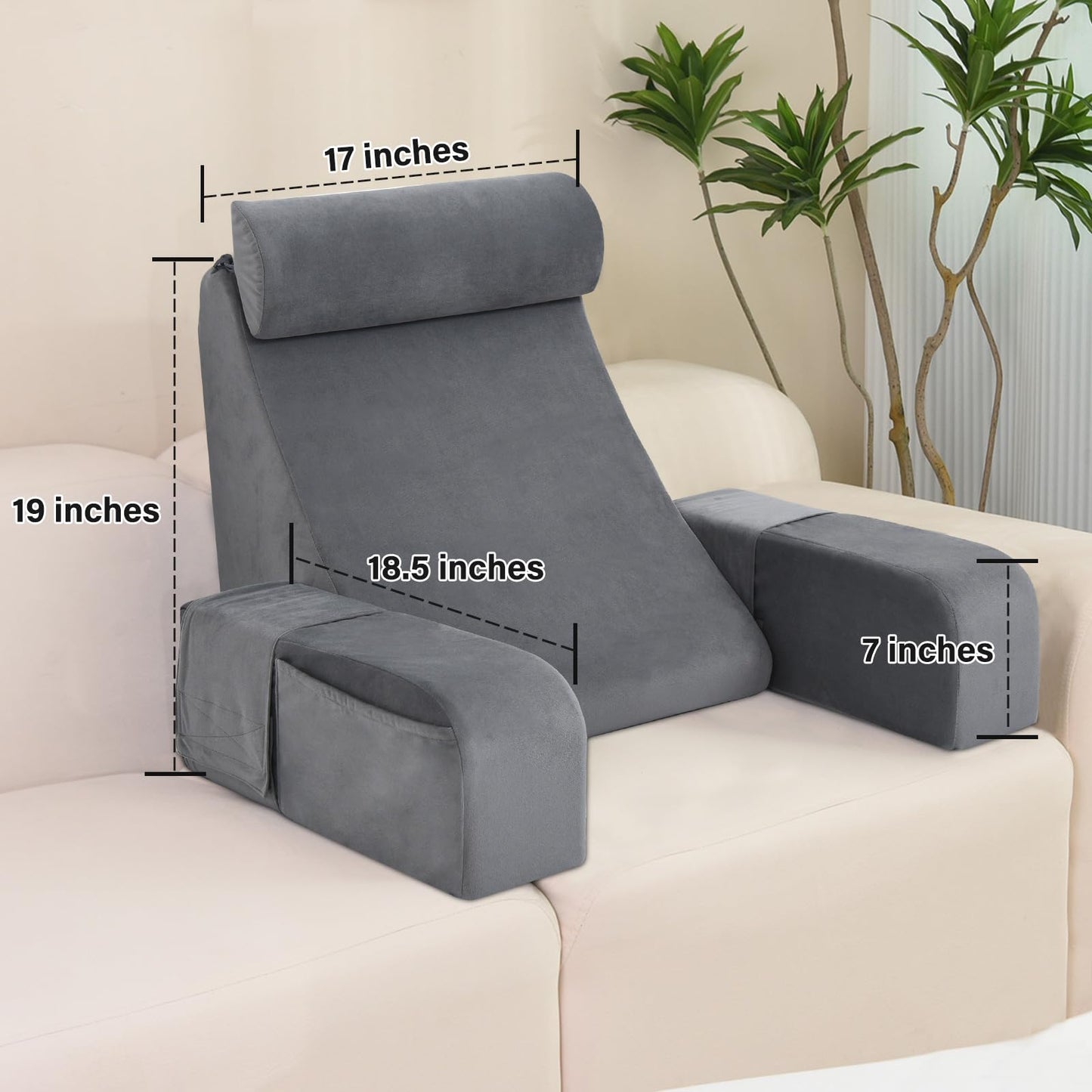 ENITYA Reading Pillow for Sitting in Bed Adult, 19" Back Pillow for Bed Sitting up, Backrest Cushion for Reclining/Reading/Gaming/Resting/Watching TV, Bedrest, Couch or Floor, Medium(Grey)