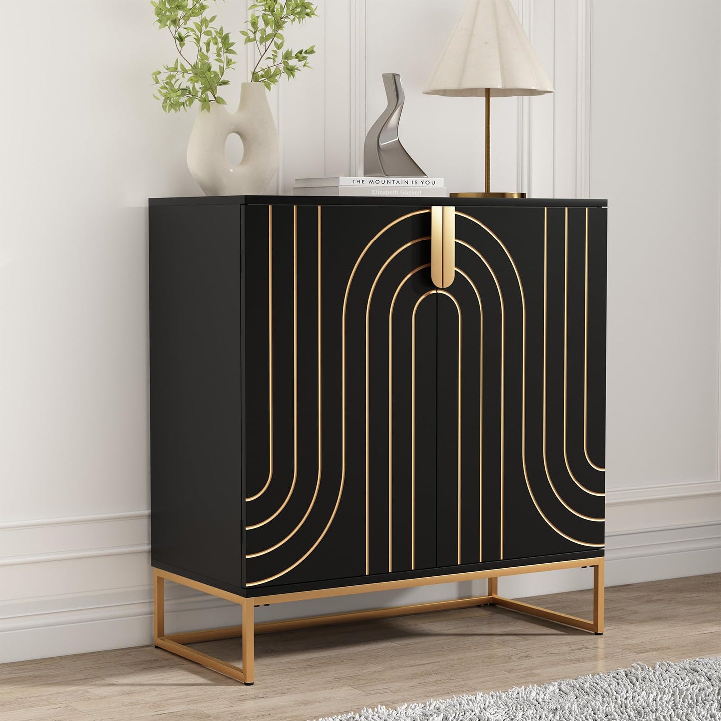 HLR Accent Wood Grain Cabinet with 2 Doors, Storage Cabinet Sideboard with Gold Metal Legs for Living Room,Entryway and Kitchen Dining Room,Black