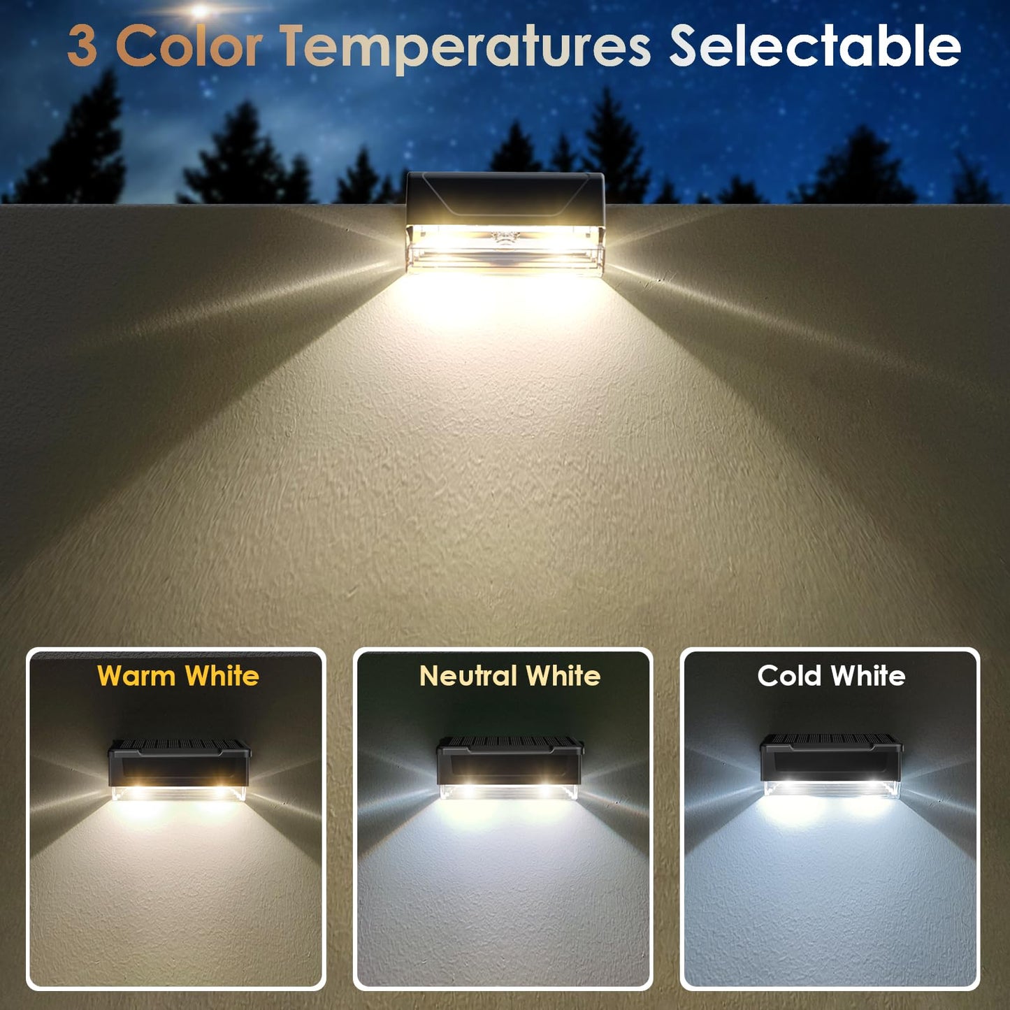 Solar Fence Lights Outdoor - 3000/4000/6000K 3 Mode, IP65 Waterproof Fence Lights Solar Powered, Dusk to Dawn Solar Light for Outside, Backyard/Step/Patio/Deck/Stair Railings and Wall (8 Pack)