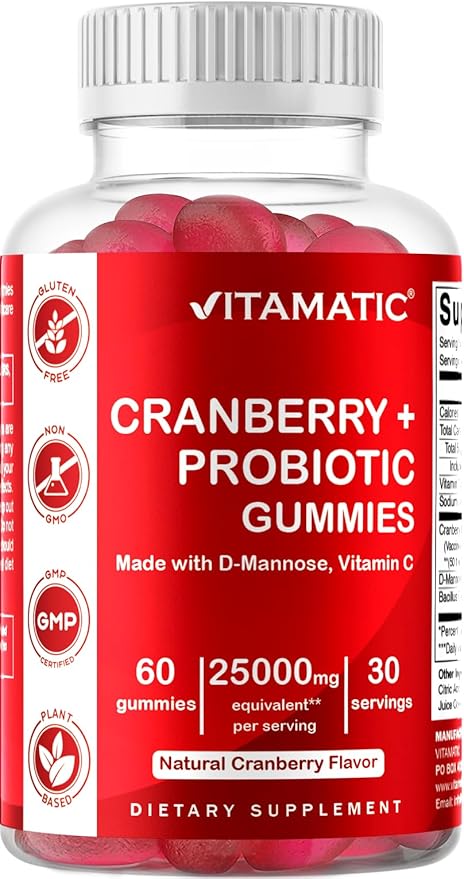 Vitamatic 2 Pack Vegan Cranberry Gummies with D-Mannose, Probiotic & Vitamin C for Women Urinary Tract Health - 25000mg Equivalent Per Serving (from 50:1 Extract 500 mg) - 60 Count