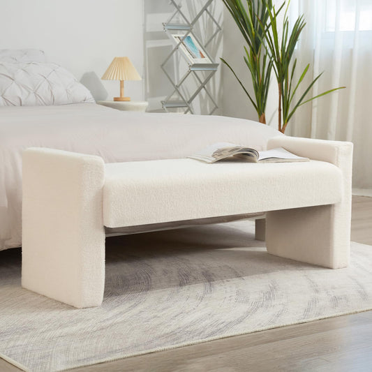 ANTJUMPER End of Bed Bench, 47.2" Modern Bedroom Bench Upholstered Fabric Bench Large Teddy Footrest Accent Bench Wood Frame and Foam Filled