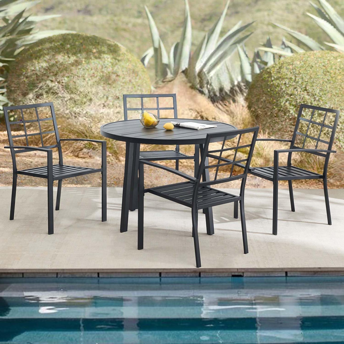 Metal Chairs Set of 4 Outdoor Chairs, Stackable Chairs with Grid-Patterned Backrest & Solid Armrests, All-Weather Seating for Patio, Garden, Yard & Outdoor Spaces