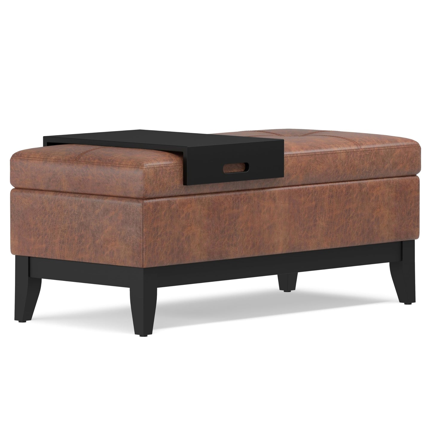 SIMPLIHOME Oregon 42 inch Wide Transitional Rectangle Storage Ottoman Bench with Tray in Distressed Saddle Brown Vegan Faux Leather, Assembled, For the Living Room, Entryway and Family Room