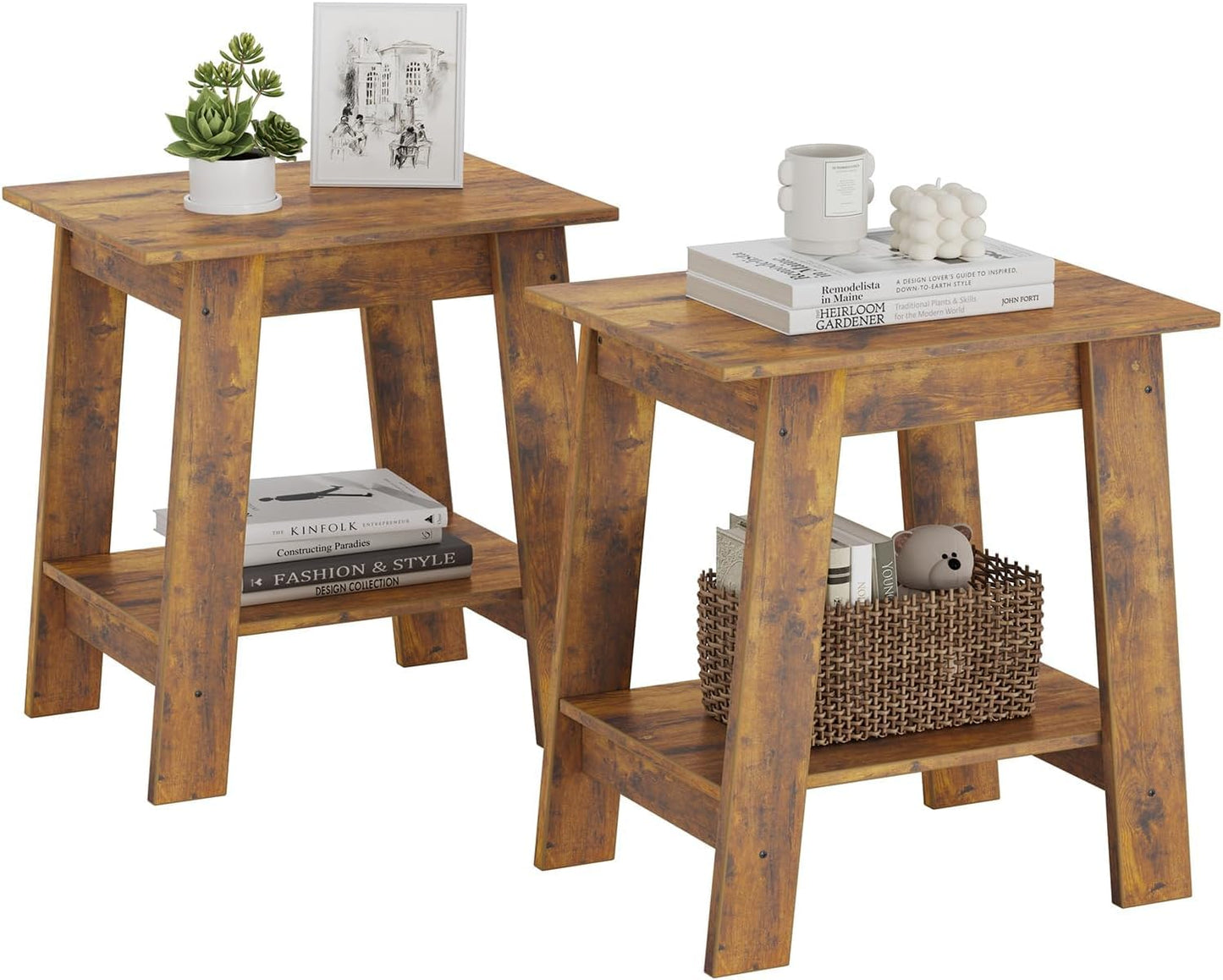 Garvee End Table, Set of 2, Side Table with 2-Tier Storage Shelf, Sofa Table for Small Space, Square Nightstand for Entryway, Farmhouse, Living Room, Easy Assembly, Rustic Brown