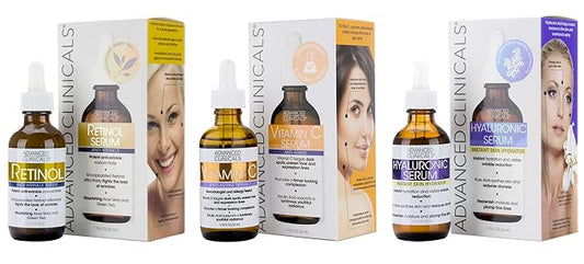 Advanced Clinicals Retinol Serum For Face + Hyaluronic Acid Moisturizer + Vitamin C Serum 3PC Skincare Set For Women & Men | Anti Aging Serums For Brightening, Firming, & Hydrating | 1.75 Fl Oz, 3pc