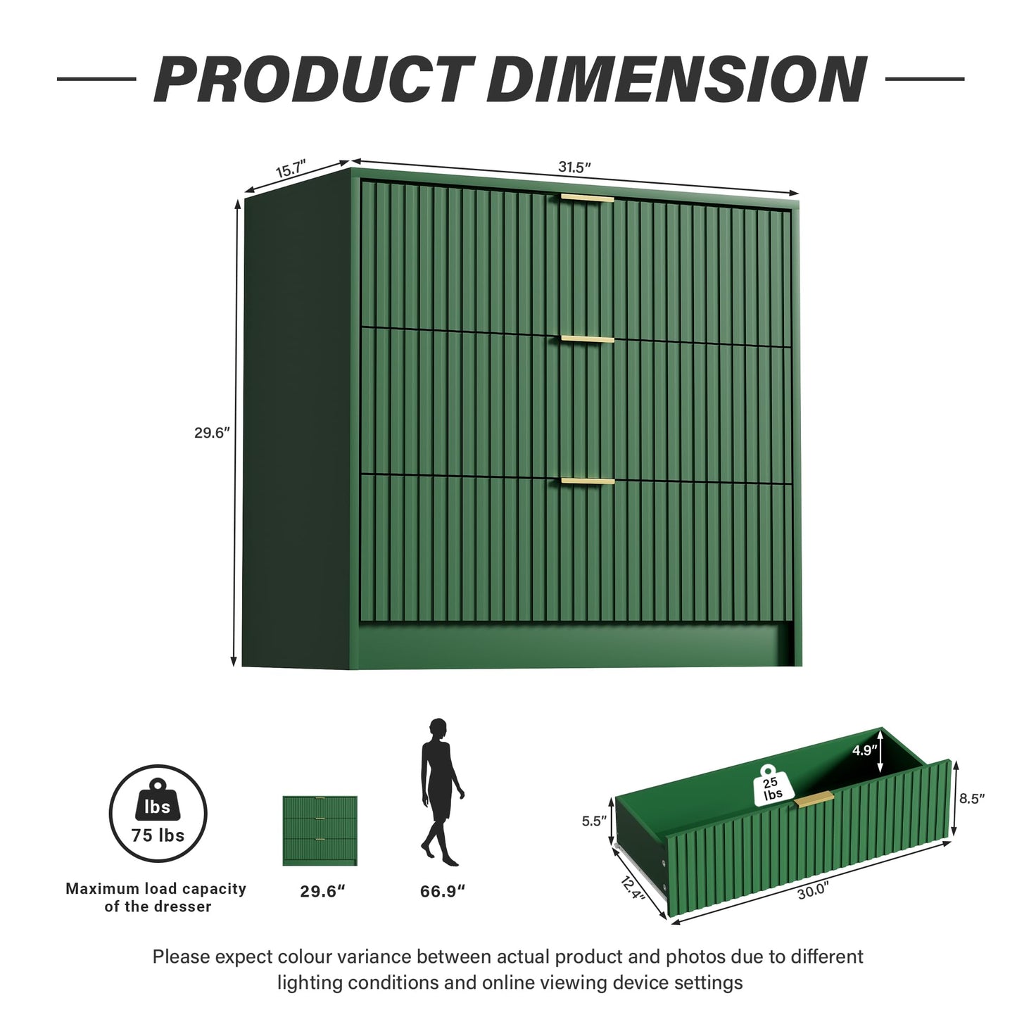 Furniway Green Dresser for Bedroom, Modern Dresser with 3 Drawers and Smooth Slides, Wide Chest of Drawers with Golden Handles for Bedroom, Living Room, Closet, 15.7" D x 31.5" W x 29.6" H