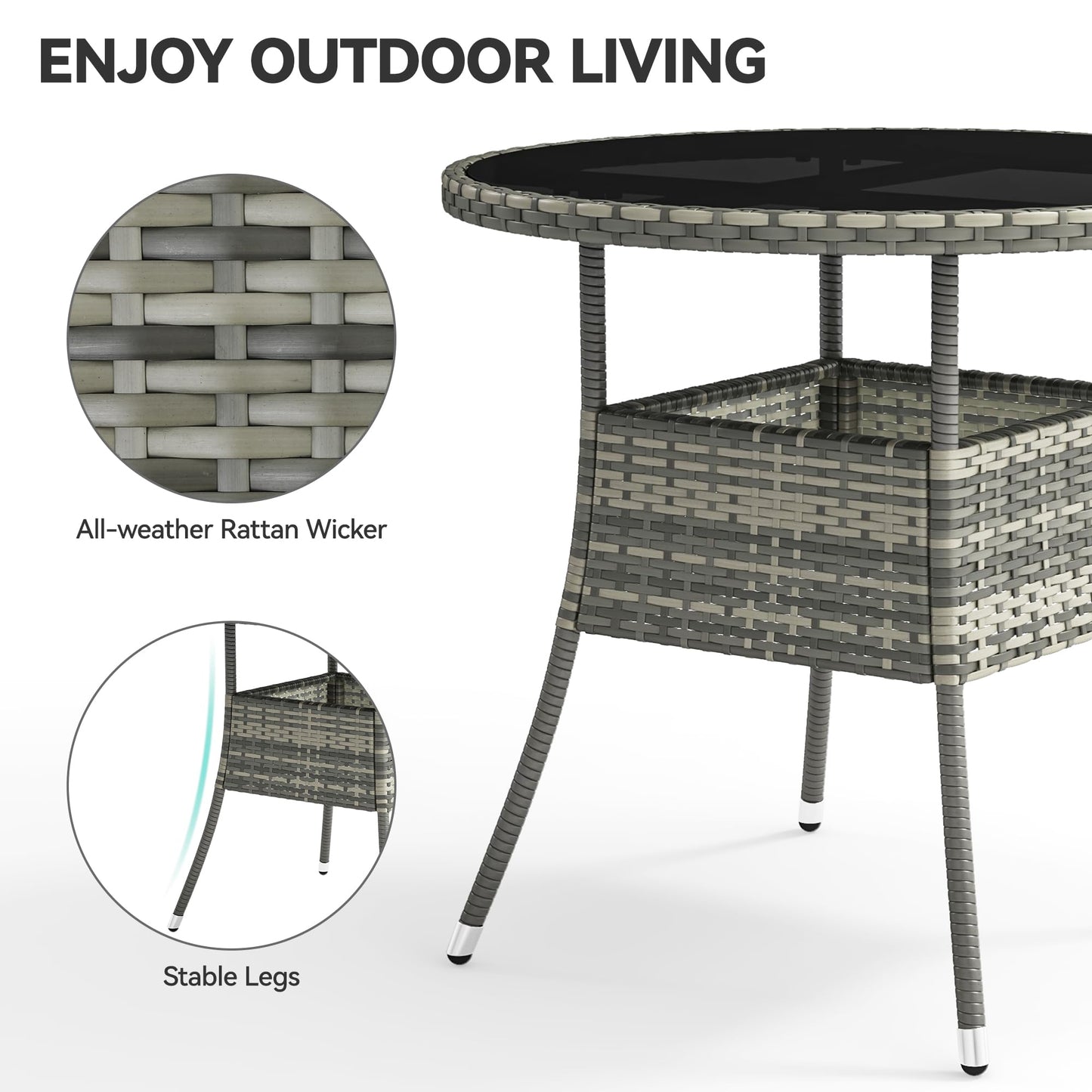 YITAHOME 31.5" Patio Table for 4-Person, Outdoor Patio Wicker Round Dining Table, All-Weather Rattan Bistro Dining Table w/Glass Tabletop for Backyard Deck Porch Poolside, Gray