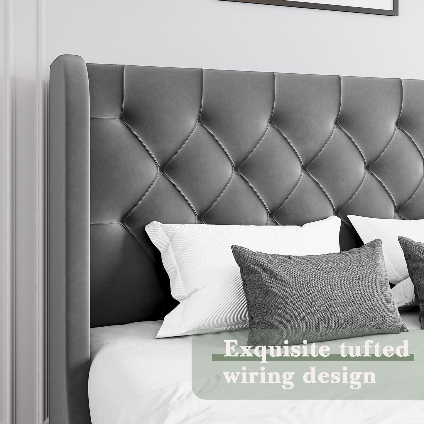HOMBCK Grey Queen Bed Frame, Velvet Upholstered Platform Bed Frame with Headboard, Curved Wingback Design, Wooden Slats, No Box Spring, Noise Free, Easy Assembly