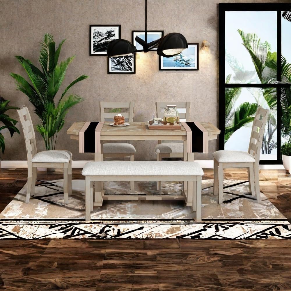 LUMISOL Wooden Kitchen Table with Chairs and Bench Set, 6 Piece Dining Room Table Set for 6, Wood Grane Tabletop and Upholstered Seating, MuddyNaturalWash