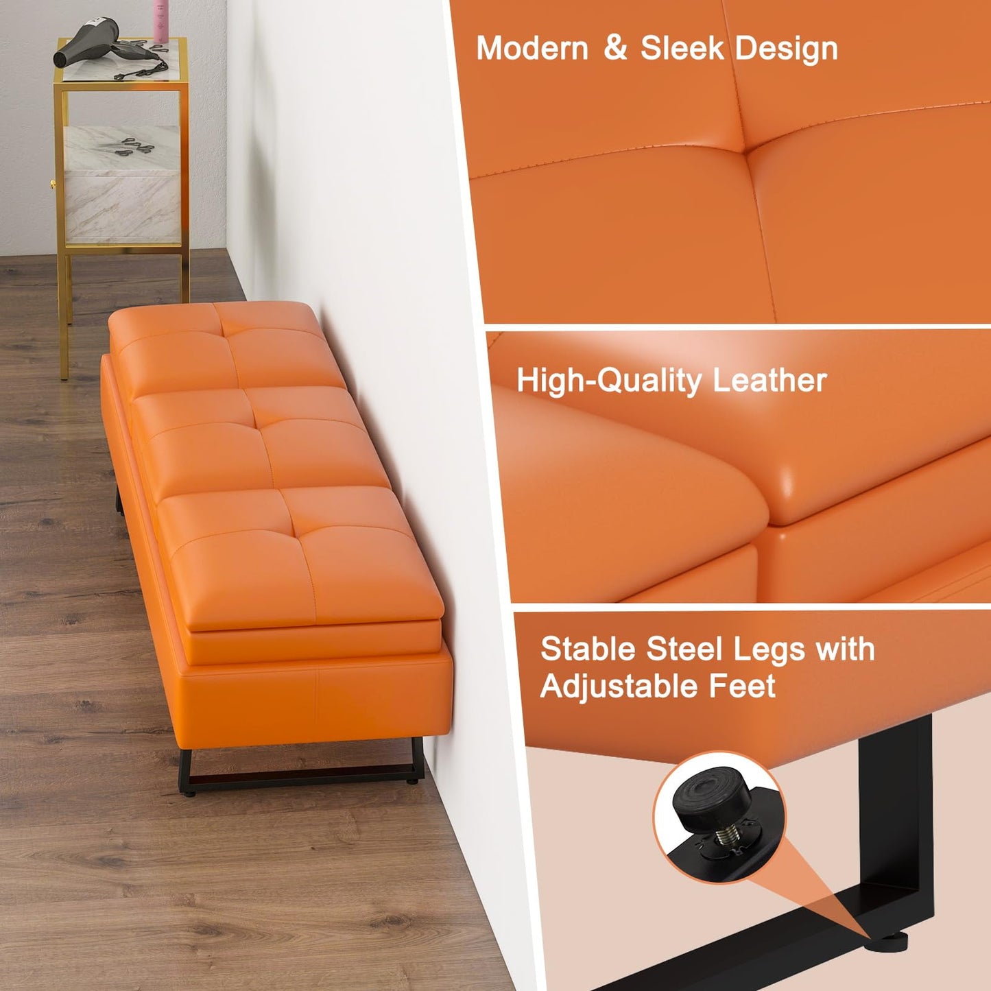 Kinfant Modern Futon Sofa Bed - 3-Seat Couch Bed with Soft Cushions for Living Room Bedroom and Small Space (PU Leather, Orange)