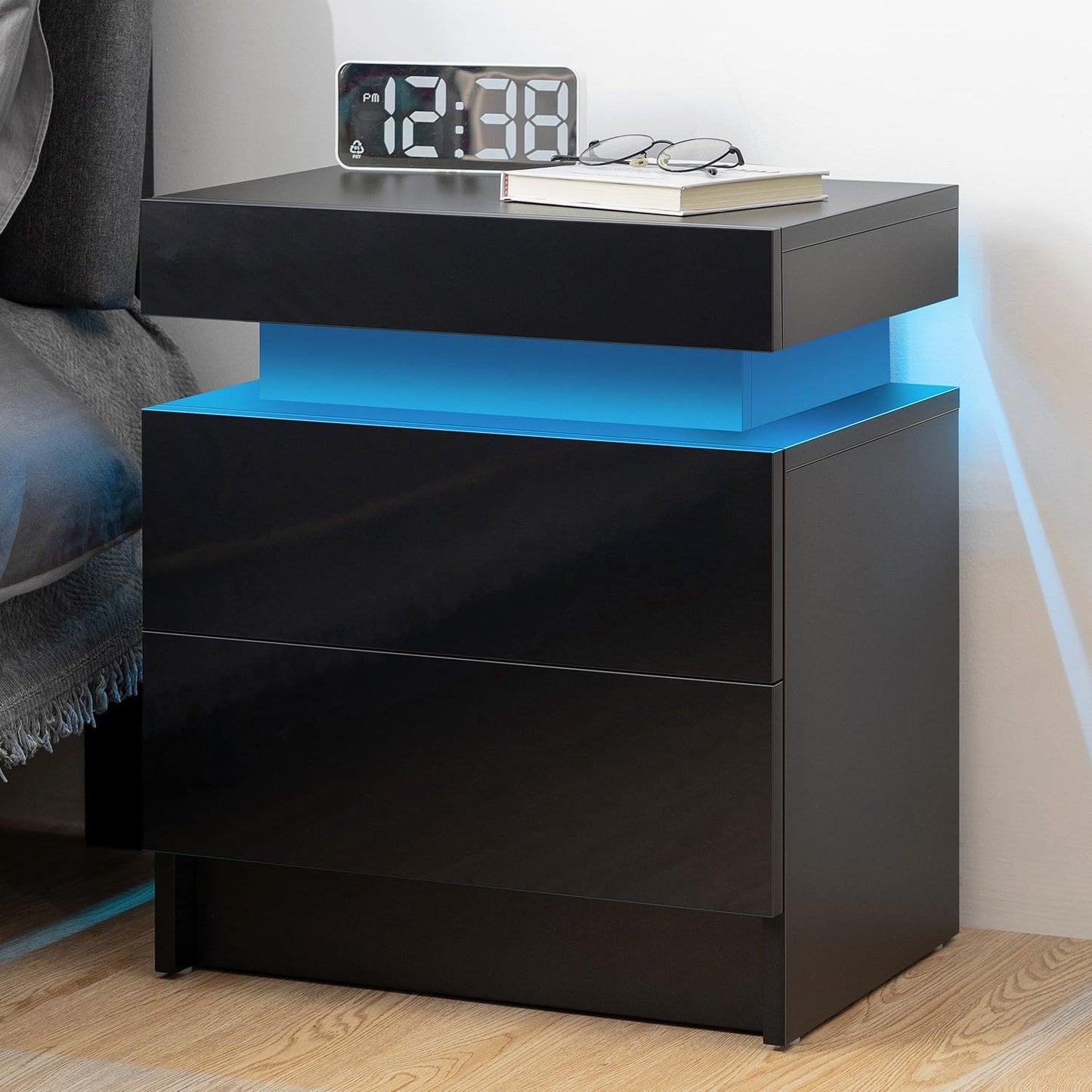 HOMMPA LED Nightstand - Modern Black Night Stand with 2 High Gloss Drawers - 20.5' Tall