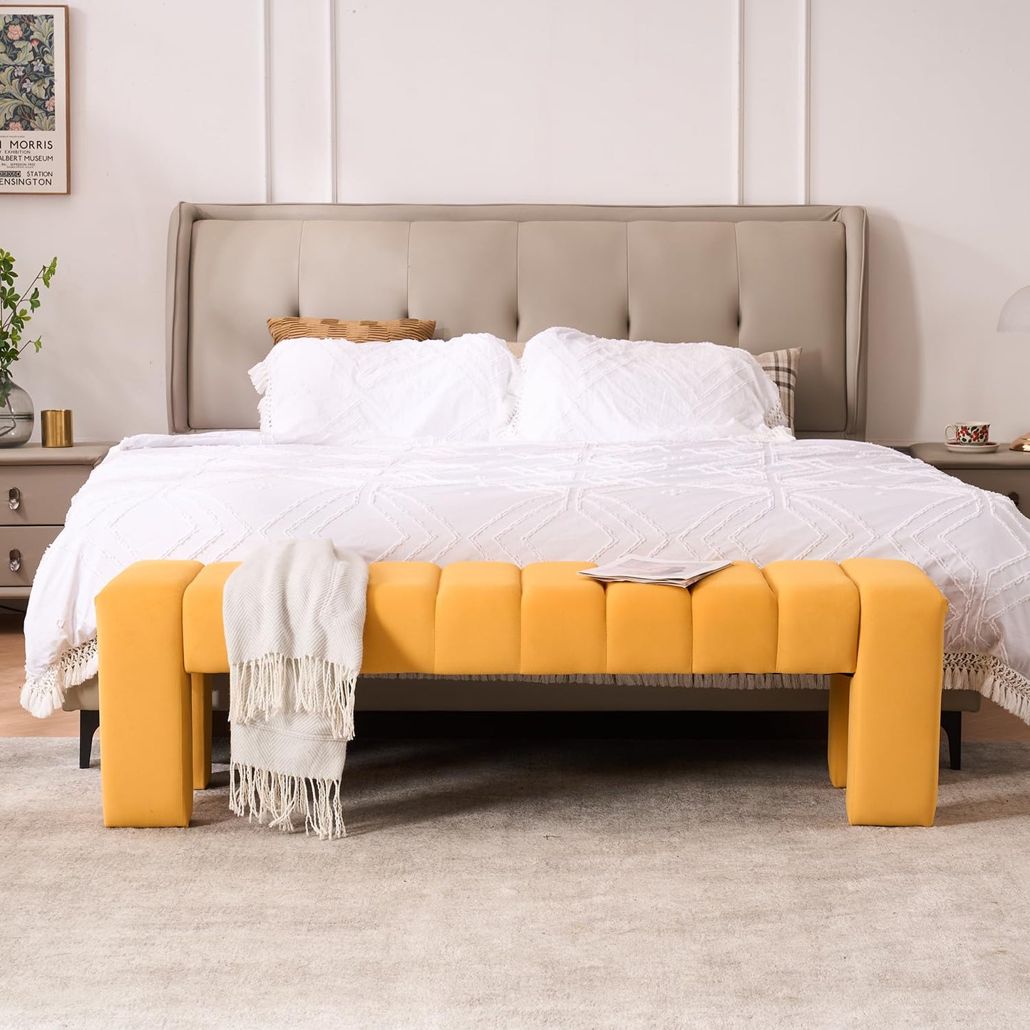 AIITTCC Velvet End of Bed Bench Upholstered Modern 59" Bedroom Bench for King Bed Bench Tufted Window Bench Comfy Long Ottoman for Living Room/Entry/Indoor (Mustard Yellow, 59" Wide)