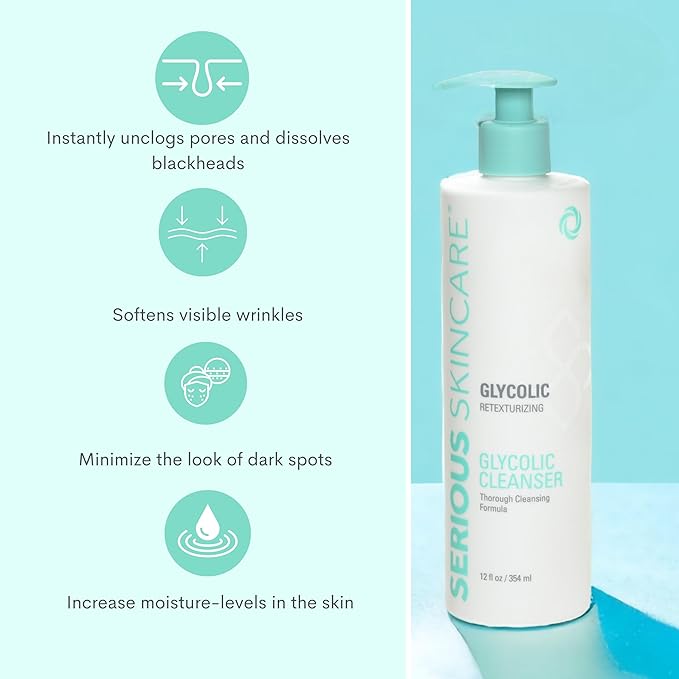 Serious Skincare - Glycolic Radiant Skin Set - Improve Appearance of Lines, Wrinkles and Enlarged Pores - Face Wash Cleanser, Gommage Exfoliating Clay Mask & Retexturizing Treatment Pads (3piece)