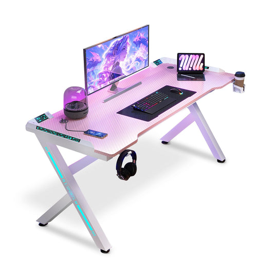 AZN Gaming Desk with LED Lights, Home Office Desks, Computer Desk Gaming Small Desk for Bedroom, Study Table with USB Charging Ports (Pink, 55 Inch)
