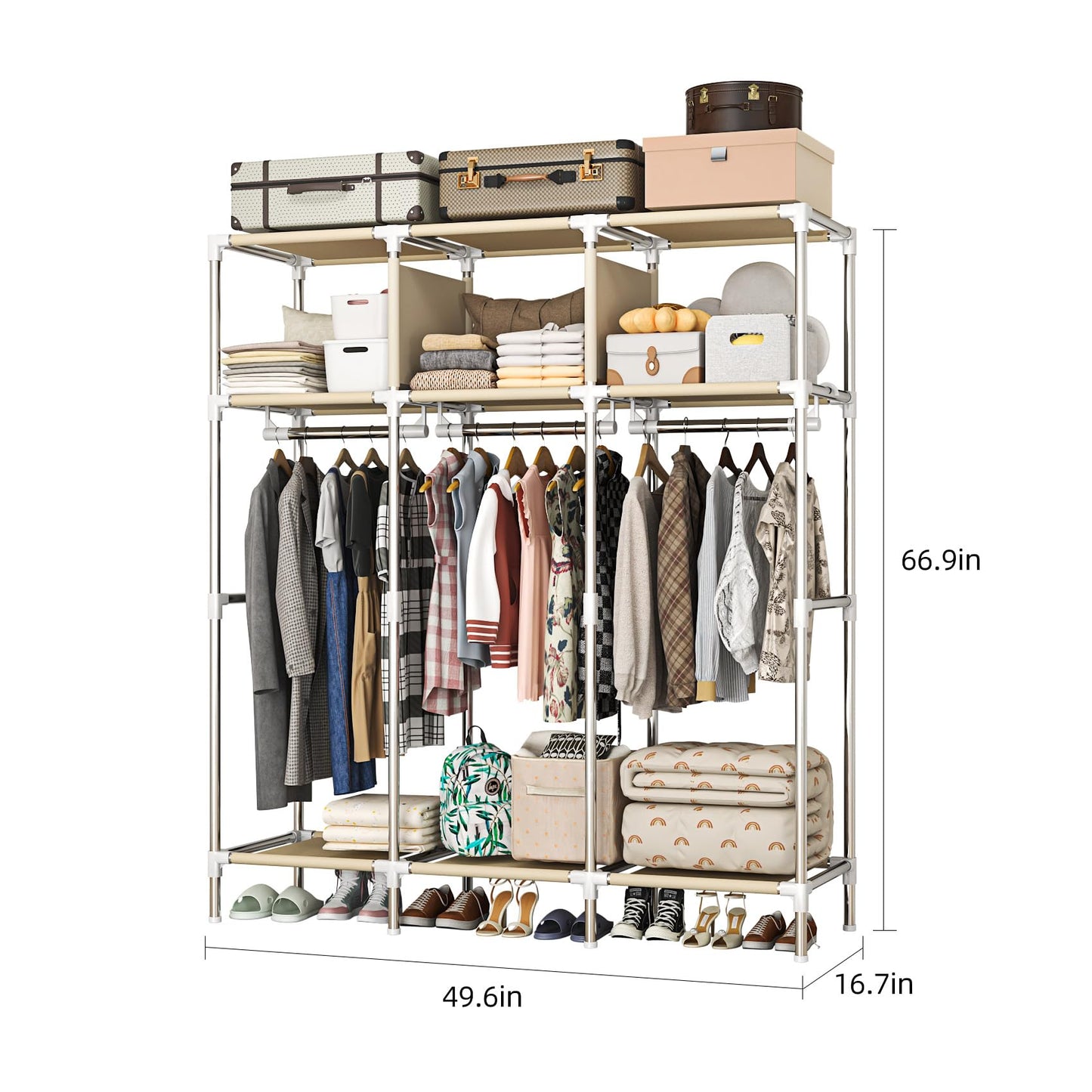 LEAIJIAFY Portable Wardrobe Closet with Metal Frame, Deep Red & Brown Fabric Cover, 3-Tier Storage with Hanging Rod, 3 Storage Area for Clothing,Bedding (Deep Red)