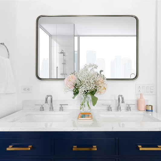 ANDY STAR 48”X30” Brushed Nickel Mirrors for Bathroom, Modern Rounded Rectangle Bathroom Vanity Mirror, SUS304-Anti-Rust Metal Frame Mirror, Wall Mounted Horizontal/Vertical 1’’ Deep
