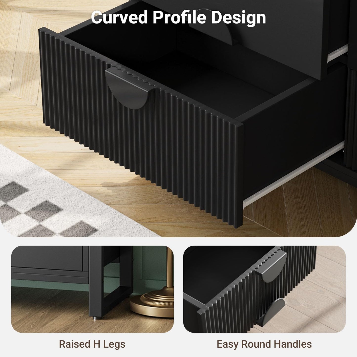 LGHM Fluted Black Dresser for Bedroom, Modern 50" Wide Chest of Drawers, 8 Deep Drawers 42.8" Tall Dresser with Raised H Legs -Curved Profile Design, Easy Round Handles for Bedroom,Livingroom, Black
