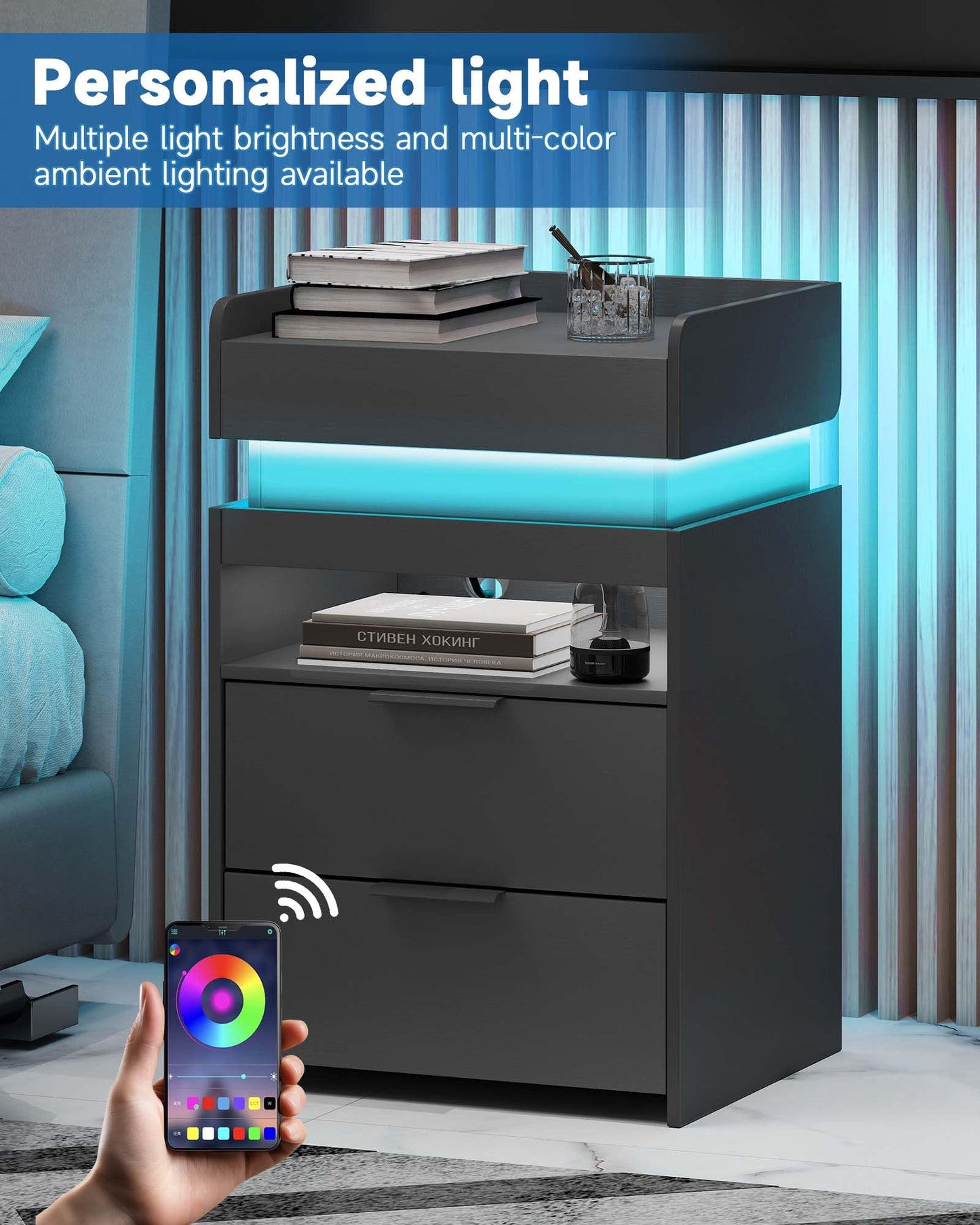 Nightstand with Gun Drawer, Charging Night Stand with USB and AC Ports, LED Nightstand, NightStands with Gun Drawer, Smart Night Stand with Sliding Top Storage