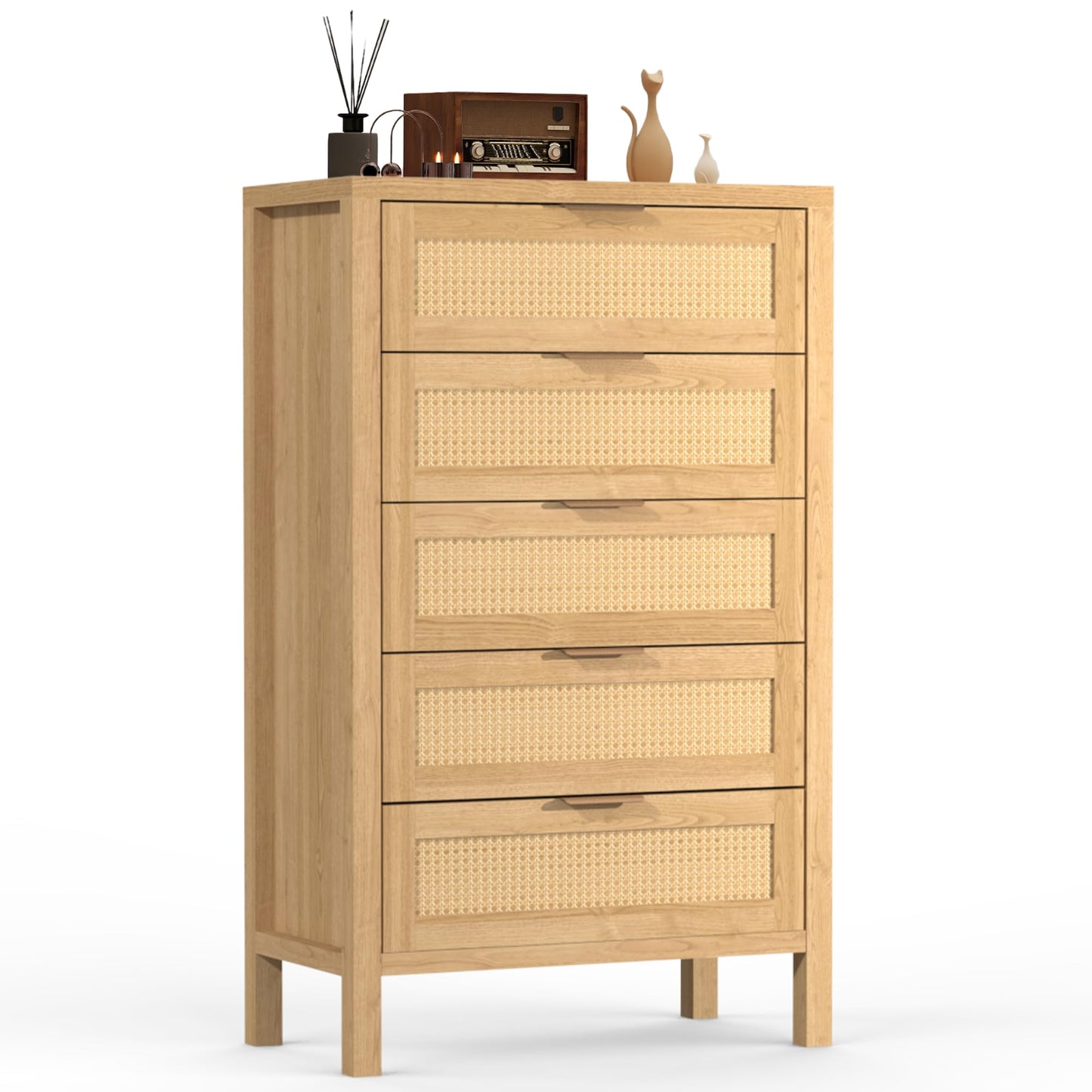 BTDWI Wood 5 Dresser for Bedroom, Wide Rattan Drawer with Gold Handle for Bed Room, Hallway, Rustic Oak