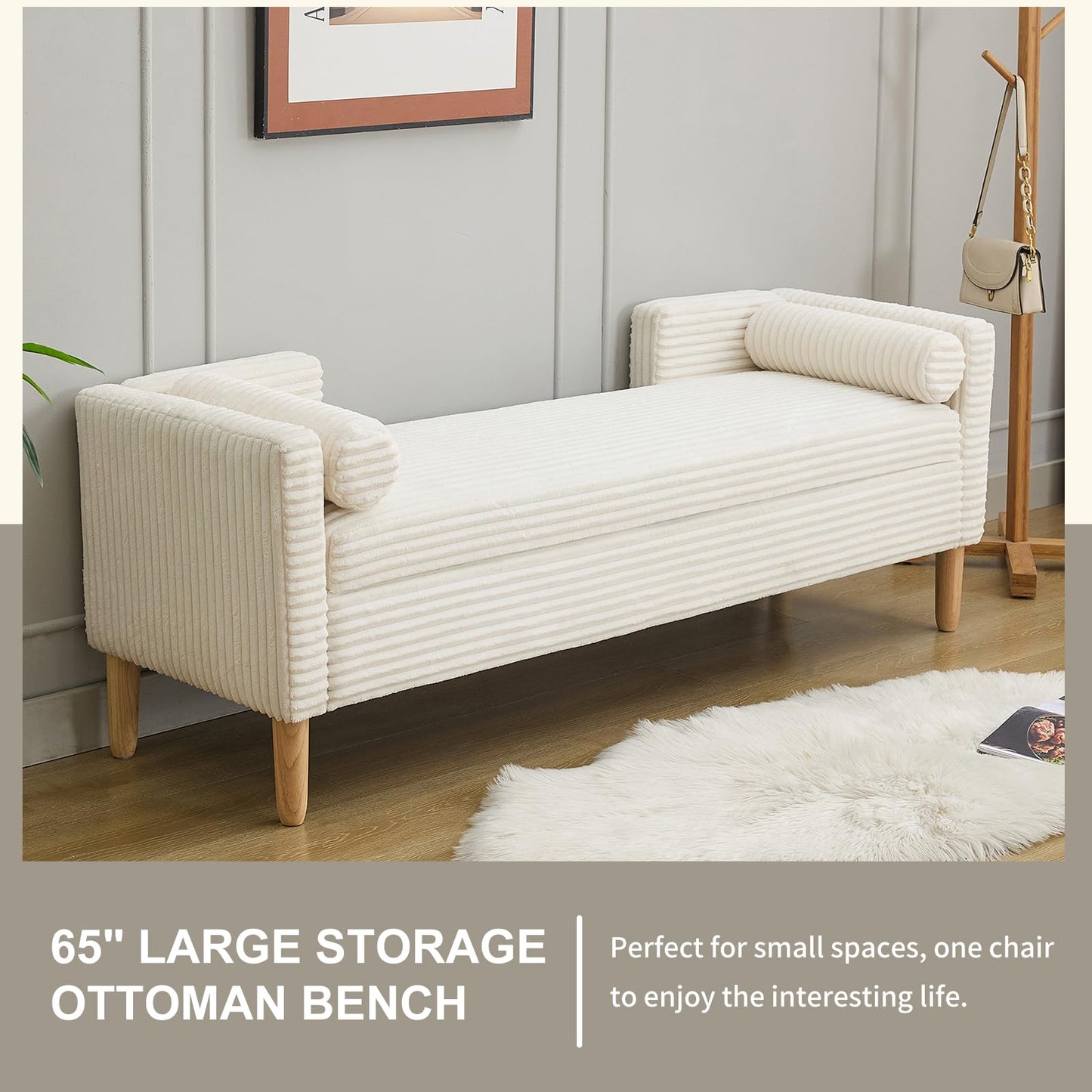 NIOIIKIT 65" Large Storage Ottoman Bench with 2 Pillows, Corduroy Upholstered Entryway Bench with Wood Leg, End of Bed Bench with Straight Armrest, Window Bench for Bedroom, Entryway (White)