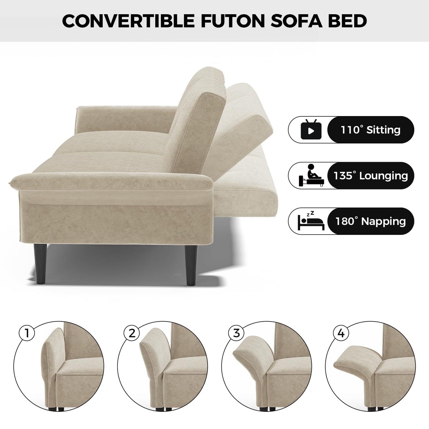 COPIAE 89” Futon Sofa Bed, Velvet Fabric Comfy Futon Couch Bed with 2 Square Pillows, Convertible Sleeper Sofa with Adjustable Backrest& Armrests, Modern Loveseat Sleeper for Living Room, Beige