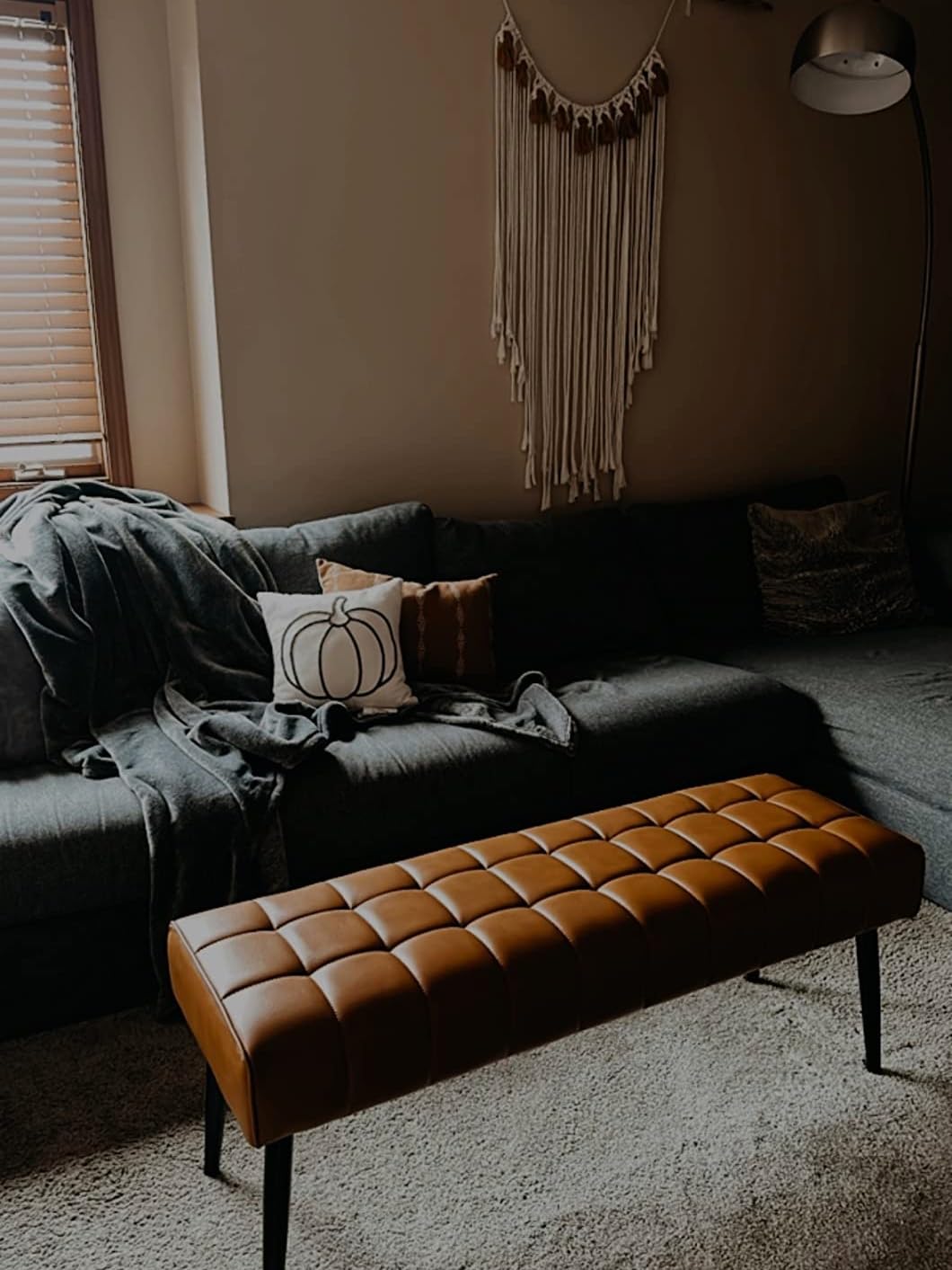 LUE BONA Entryway Bench, 44.5'' Leather Upholstered Bedroom Benches, End of Bed Bench with Metal Legs, for Decorative, Living Room, Dining Room, Whiskey Brown