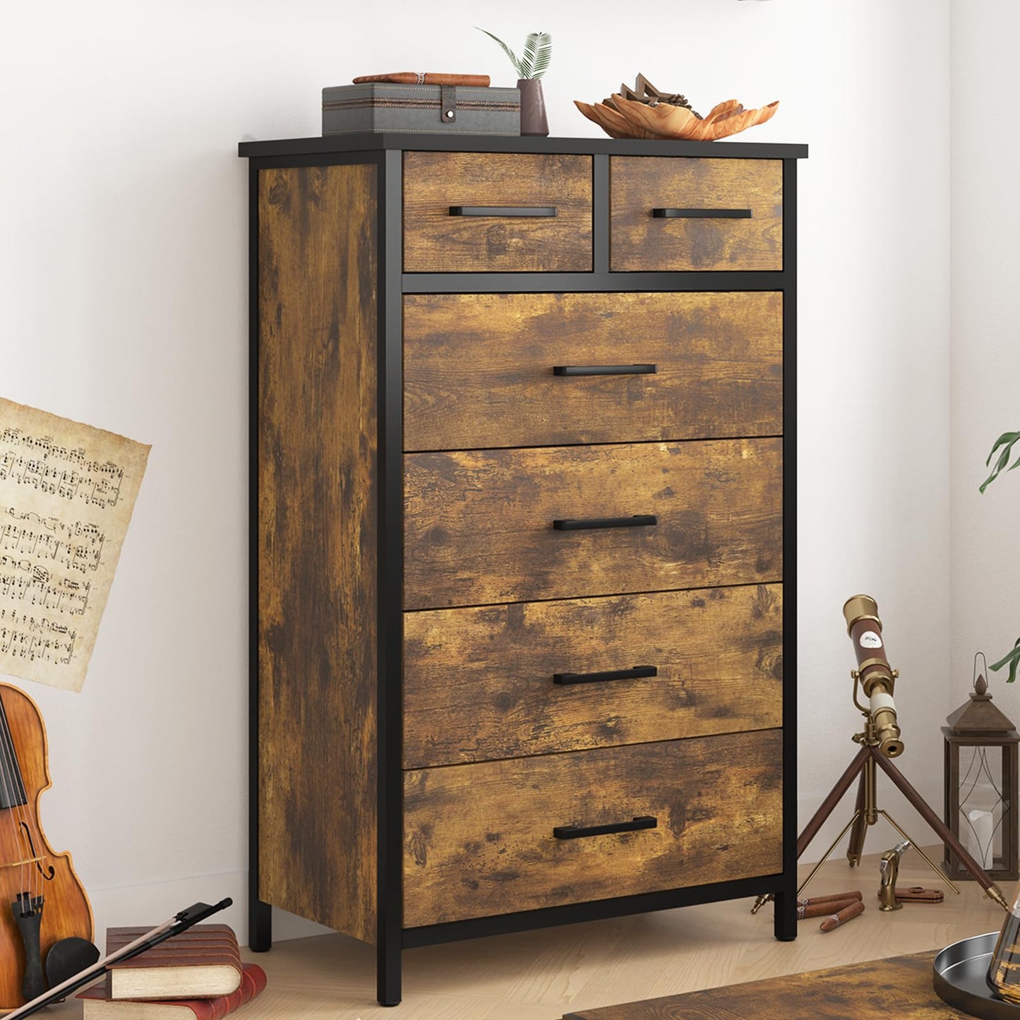 IKENO 6 Drawer Wood Dresser, Industrial Wood Storage Dresser Clothes Organizer, Sturdy Steel Frame, Storage Dresser for Bedroom
