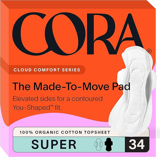 Cora Made-to-Move Regular Pads with Wings, Organic Cotton Topsheet Ultra Thin Feminine Care Pads for Women, Soft, Comfortable & Breathable Menstrual Pad, Super Absorbency, Unscented, 34 Count