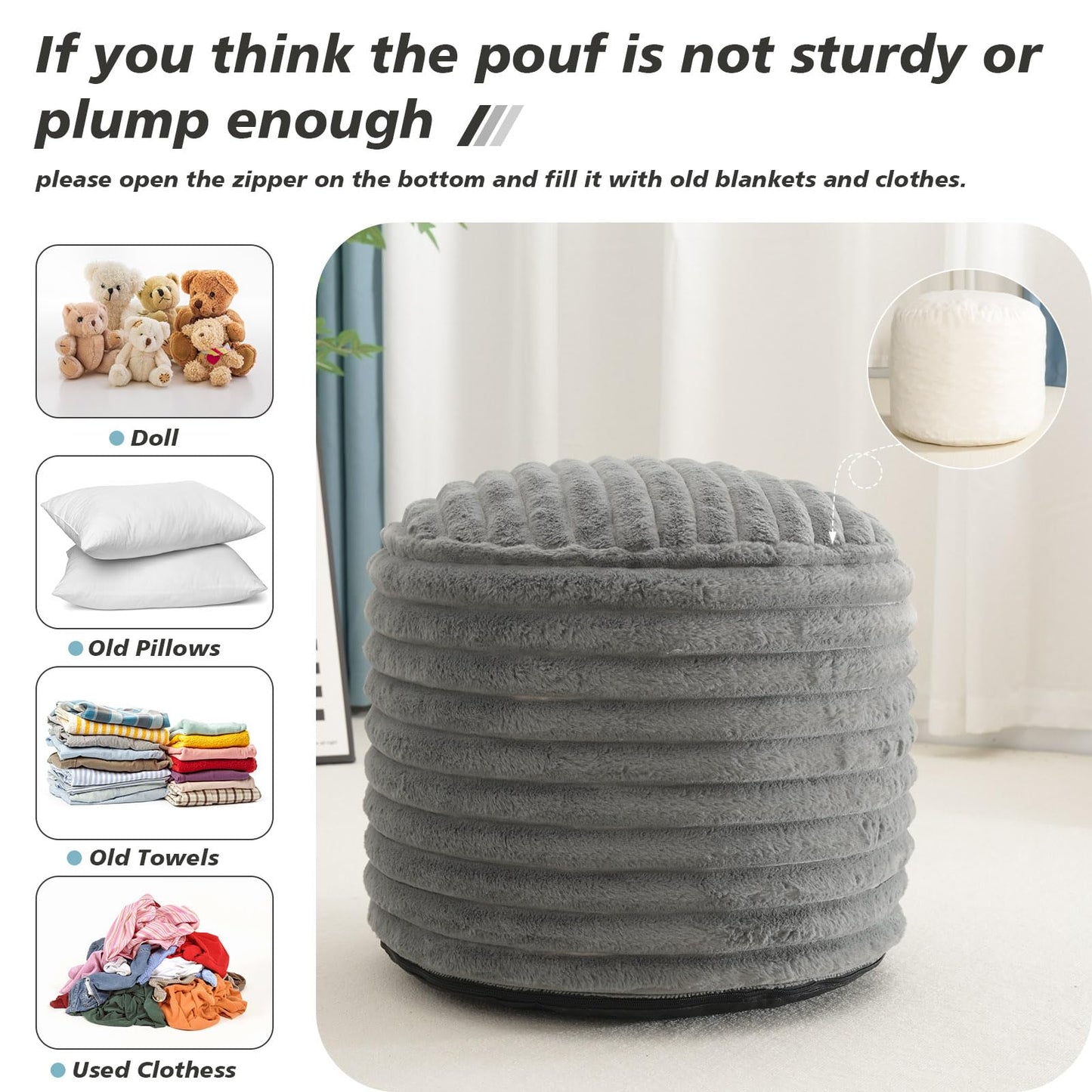 Pouf Ottoman Stuffed Round for Foot Rest, Faux Fur Poufs with Foam Chunk Filling, Storage Ottoman Pouf Foot Stool Cushion, 20 X 15 Inch Floor Chair for Living Room Bedroom Home Decor, Light Gray